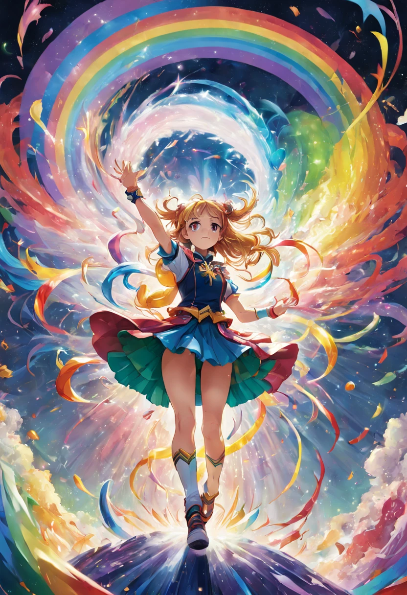 1girl, A magical girl standing victorious over a defeated fantastical enemy, surrounded by a rainbow of magical energies swirling around her in rich varied colors. Dynamic, brightly lit manga panel artwork.