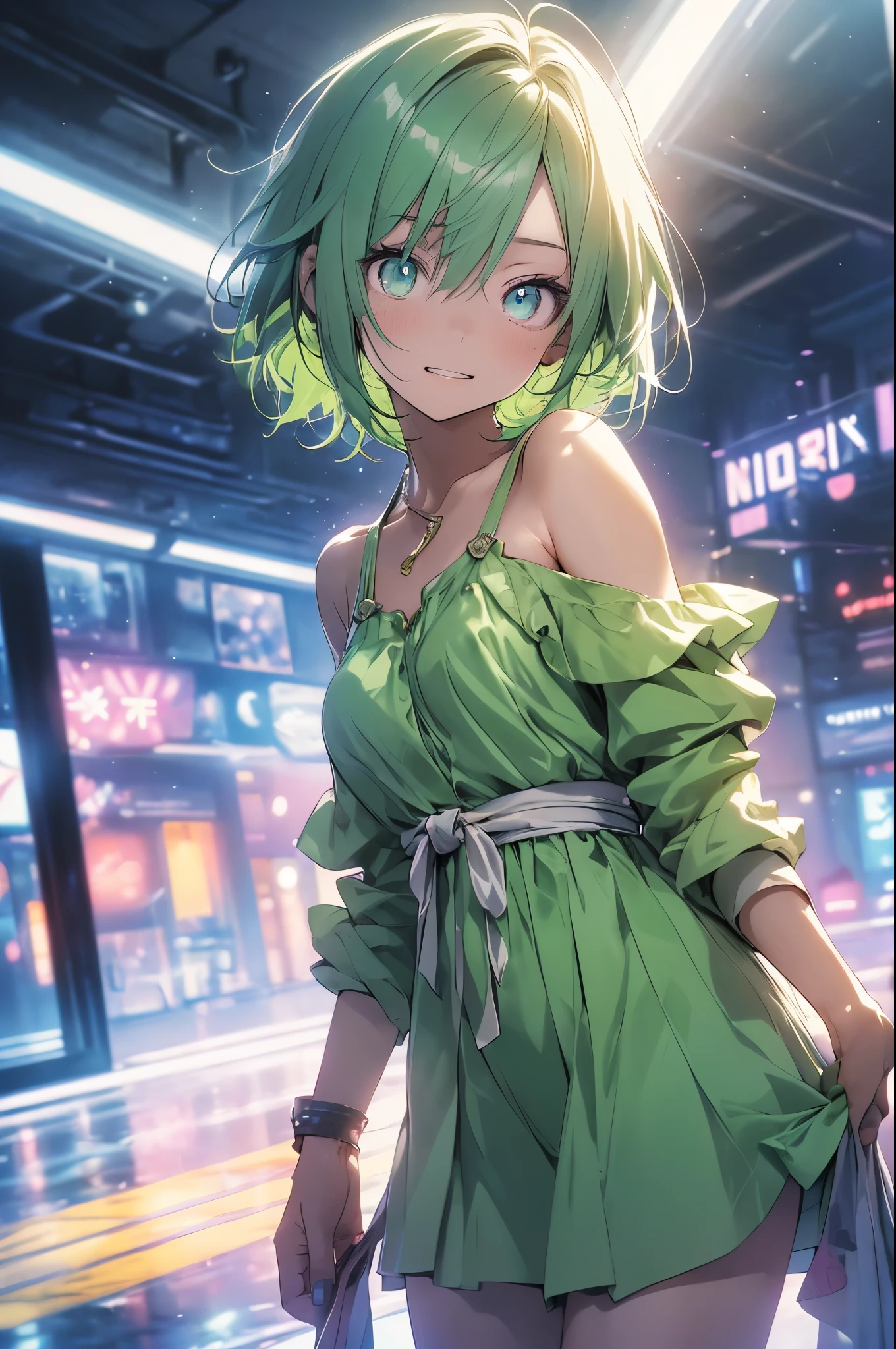 1girl,solo,cowboy shot,standing,(pastel green hair:1.6),short hair,(hairclip:1.2),(purple eyes:1.2),(dark skin:1.5),(beautiful fingers:1.4),(perfect anatomy:1.4),(arms_behind_back:1.6),(cold_shoulder:1.2),(pastel green kimono dress:1.6),(leather lace glossy silk lamé:1.6),(latex luster shiny glossy metallic:1.6),(shiny_clothes:1.6),(medium breasts),beautiful breasts,masterpiece,best quality,(Ultra high definition eyes:1.2),8k,(Beautiful detailed eyes:1.2),(Fine and beautiful eyes:1.2),(pretty eyes:1.2),finely detail,extremely CG, absurdres,high resolution,illustration,Detailed and beautiful outlines,finely detail,high resolution,(colorful refraction:1.4,Increase saturation:1.2),beautiful lighting,dynamic lighting,closed room,black background,simple background, smile,looking at viewer,white bikini, o-ring top, blue capelet, blue belt, fingerless gloves, arm bandages, asymmetrical legwear, single thighhigh, vertical striped thighhighs, thigh strap,(pastel green thigh boots:1.4)