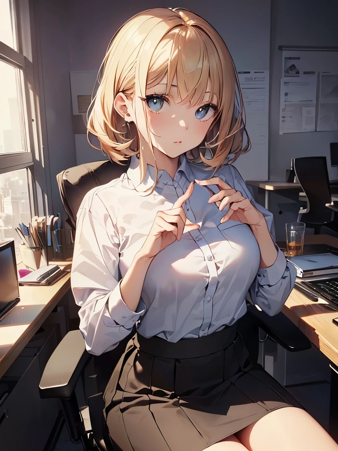 (official art、highest quality、Unity 8k wallpaper、32K、masterpiece、super detailed、超high resolution、realistic、Photoreal:1.2)、(cinematic lighting:1.2)、fire glow effect、film grain、best shadows、rim lighting、side light、(Super detailed and complex 3D rendering)、Background like Makoto Shinkai、detailed beautiful face and eyes、(Beautiful and sharp pupils)、masterpiece, high resolution、highest quality, ultla highres, maximum resolution, very detailed, professional lighting, beautiful skin, 28 year old woman、very pretty、OL、At work in the office、desk、(Tight Skirt、sit in a chair、deskの下からパンティーを披露:1.4)、pc、bright hair color、blonde、bangs、dull bangs、Office Lady、The girl is looking to the side、Wide angle、angle from below、(((Precise human body structure、Correct and accurate number of limbs、Correct and accurate number of fingers)))
