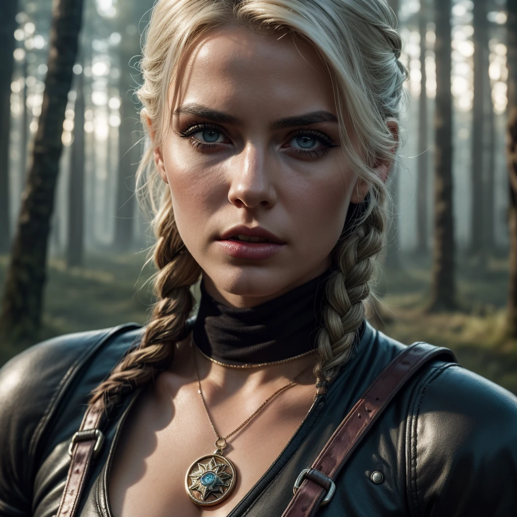 (best quality,4k,highres,masterpiece:1.2),Ciri,girl,detailed eyes,detailed lips,longeyelashes,beautiful face,determined,intense look,braided hair,expressive eyes,witcher medallion,dark fantasy,medieval,sword,fierce,strong,warrior,action pose,dangerous,forest background,moody lighting,vivid colors,realistic painting style