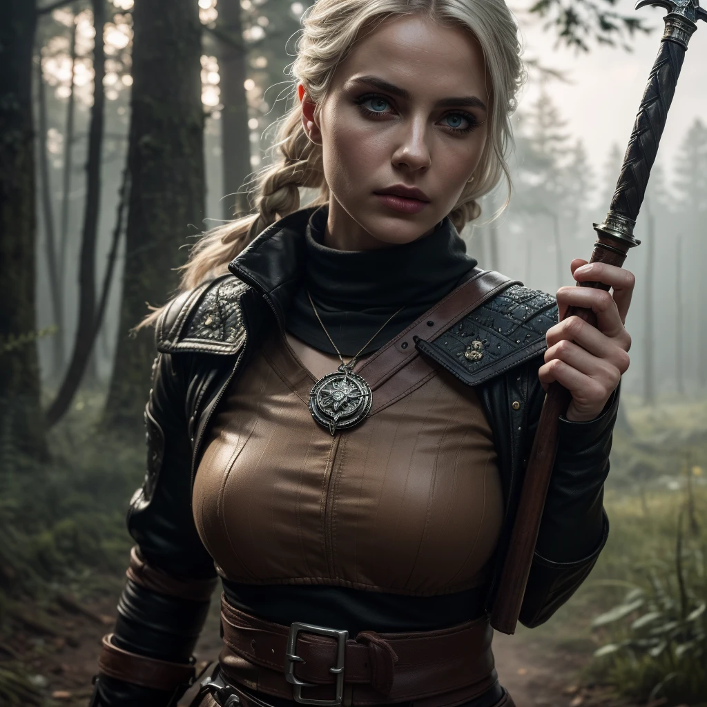 (best quality,4k,highres,masterpiece:1.2),Ciri,girl,detailed eyes,detailed lips,longeyelashes,beautiful face,determined,intense look,braided hair,expressive eyes,witcher medallion,dark fantasy,medieval,sword,fierce,strong,warrior,action pose,dangerous,forest background,moody lighting,vivid colors,realistic painting style