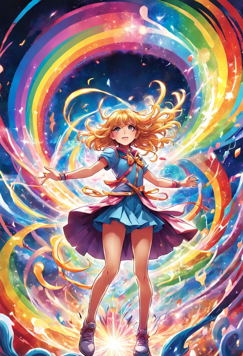 1girl, A magical girl standing victorious over a defeated fantastical enemy, surrounded by a rainbow of magical energies swirling around her in rich varied colors. Dynamic, brightly lit manga panel artwork.
