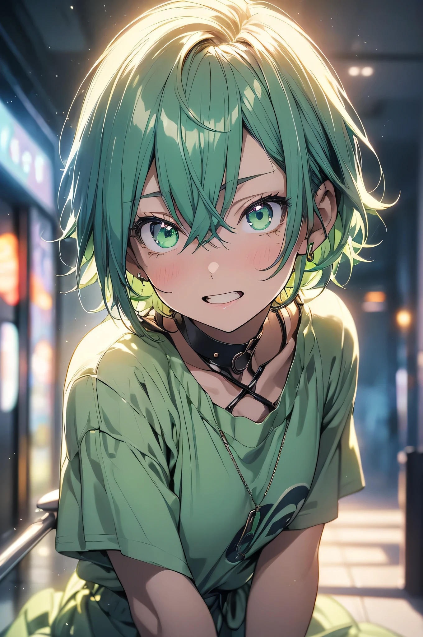 anime style, movieポートレート写真, 1 female, 20-year-old, Full body Esbian, small and meager chest, bright green hair, short hair, red eyes, wearing a plain green dress, (natural skin texture vivid details, surreal, (realistic detailed eyes, natural skin texture, realistic facial details), soft and dramatic lighting,Neon Room、Depth of written boundary, Bokeh, vivid details, surreal, 35mm movie, hazy blur, movie,flashy purple nails、compensate、yellow eye background,clear eyes,the corners of the mouth rise、laughter、model pose,secret,green colored theme、various poses