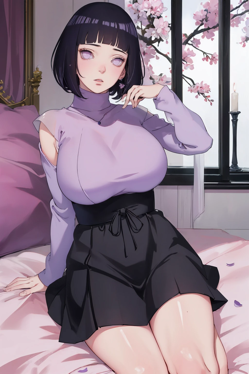 { - anatomy error} (Masterpiece - Ultra-detailed, very high resolution) (huge titusty, masterpiece, absurdres, hinata\(boruto\), 1girl, solo,mature female, lilac turtleneck blouse, high waist black short skirt, looking at viewelling petals), perfect composition, detailed lips, big breast, beautiful face, body propotion, blush, (pink lips), short hair, (black hair), purple eyes, soft gaze, super realistic, detailed, photoshoot, realistic face and body, closed mouth, sitting on the bed , lilac eyes, full body, with chin resting on shoulder, perfect fingers