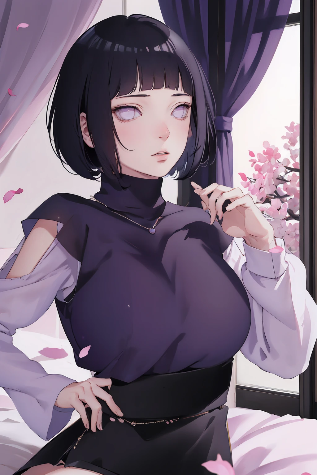 { - anatomy error} (Masterpiece - Ultra-detailed, very high resolution) (huge titusty, masterpiece, absurdres, hinata\(boruto\), 1girl, solo,mature female, lilac turtleneck blouse, high waist black short skirt, looking at viewelling petals), perfect composition, detailed lips, big breast, beautiful face, body propotion, blush, (pink lips), short hair, (black hair), purple eyes, soft gaze, super realistic, detailed, photoshoot, realistic face and body, closed mouth, sitting on the bed , lilac eyes, full body,  with chin resting on shoulder, perfect fingers