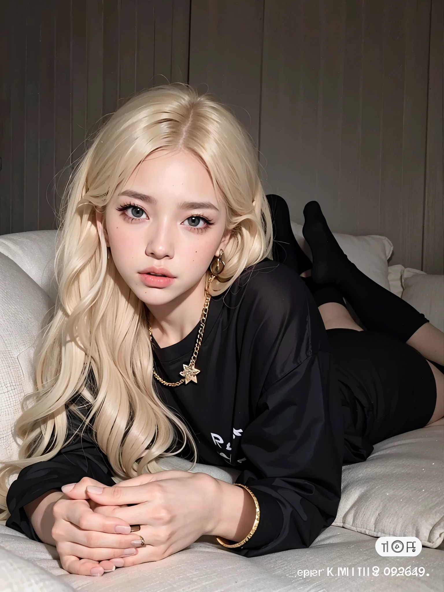 Blonde woman with long hair lying on a sofa wearing a black shirt, ava max, retrato de jossi de blackpink, very very pale blonde hair, retrato de kim petras, extremely pale blonde hair, parque roseanne de blackpink, ella tiene cabello rubio, con pelo largo y rubio, una chica con cabello rubio, chica perfecta de pelo blanco, su cabello es blanco