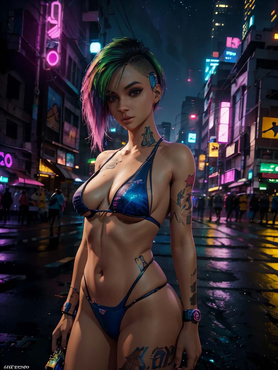 (obra de arte), melhor qualidade, ultra high resolution,garotinha, cyberpunk 1girl voando acima da paisagem urbana deslumbrante ,capuz,cabelo azul, estrelas cadentes em cor neon, cabelo muito comprido, fora do ombro, enfeite de cabelo de pena, neon colors, pisca, Stunning night sky, cinematic lighting, fotorrealista, pele realista, HDR,Olho de peixe