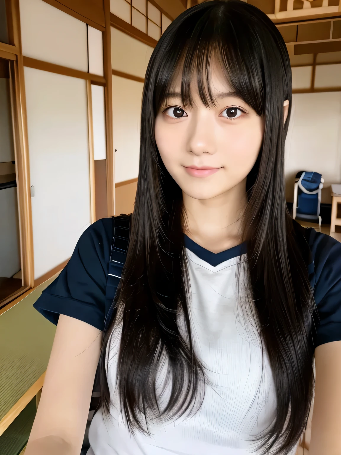 long hair,reality,Self snap,Japan, Female college student, black hair, round eyes, round face, cute, 8K,