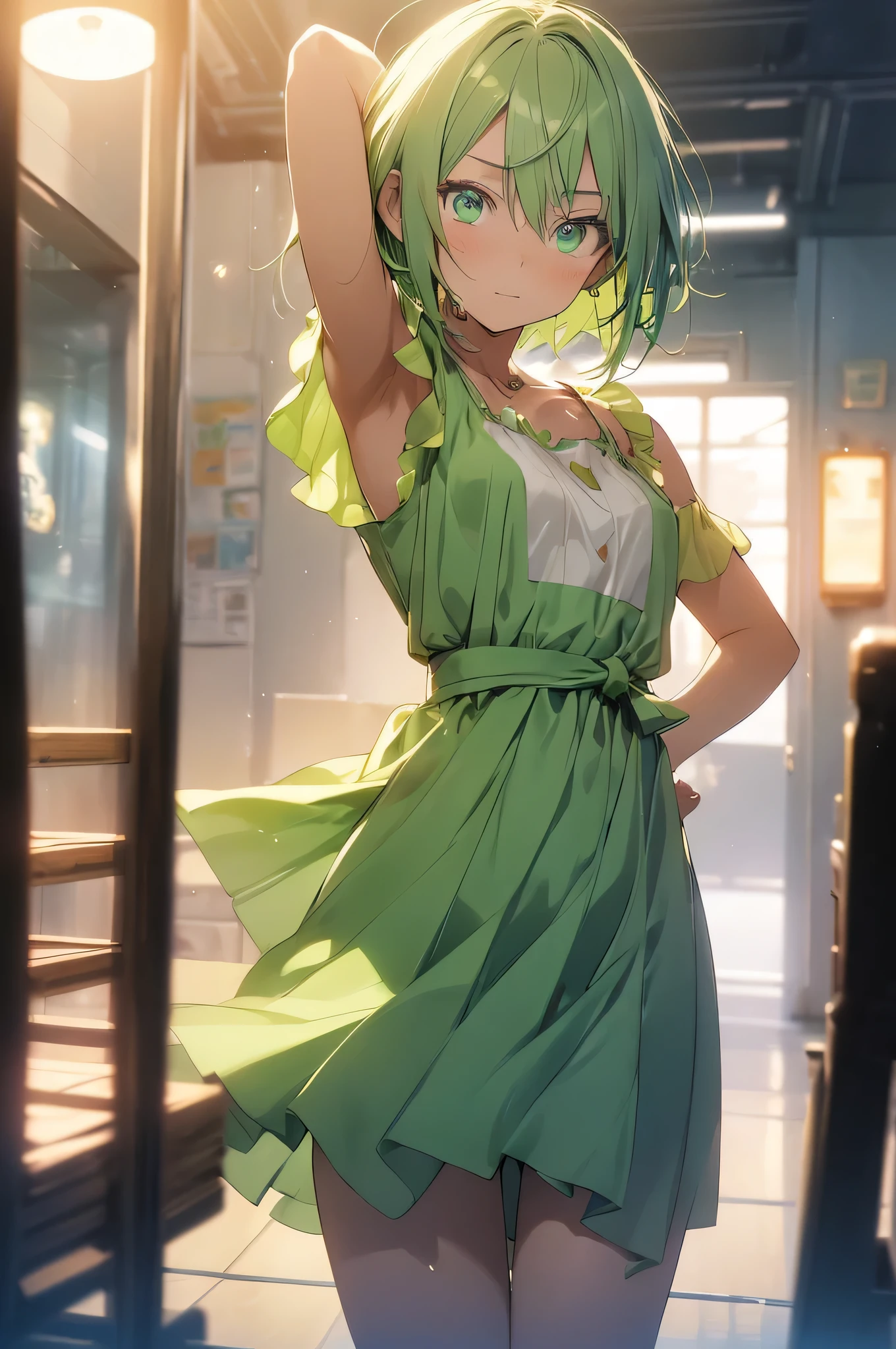 anime style, movieポートレート写真, 1 female, 20-year-old, Full body Esbian, small and meager chest, bright green hair, short hair, red eyes, wearing a plain green dress, (natural skin texture vivid details, surreal, (realistic detailed eyes, natural skin texture, realistic facial details), soft and dramatic lighting,Neon Room、Depth of written boundary, Bokeh, vivid details, surreal, 35mm movie, hazy blur, movie,compensate、yellow eye background,clear eyes,the corners of the mouth rise、laughter、model pose,secret,green colored theme、various poses,fold your hands behind your back