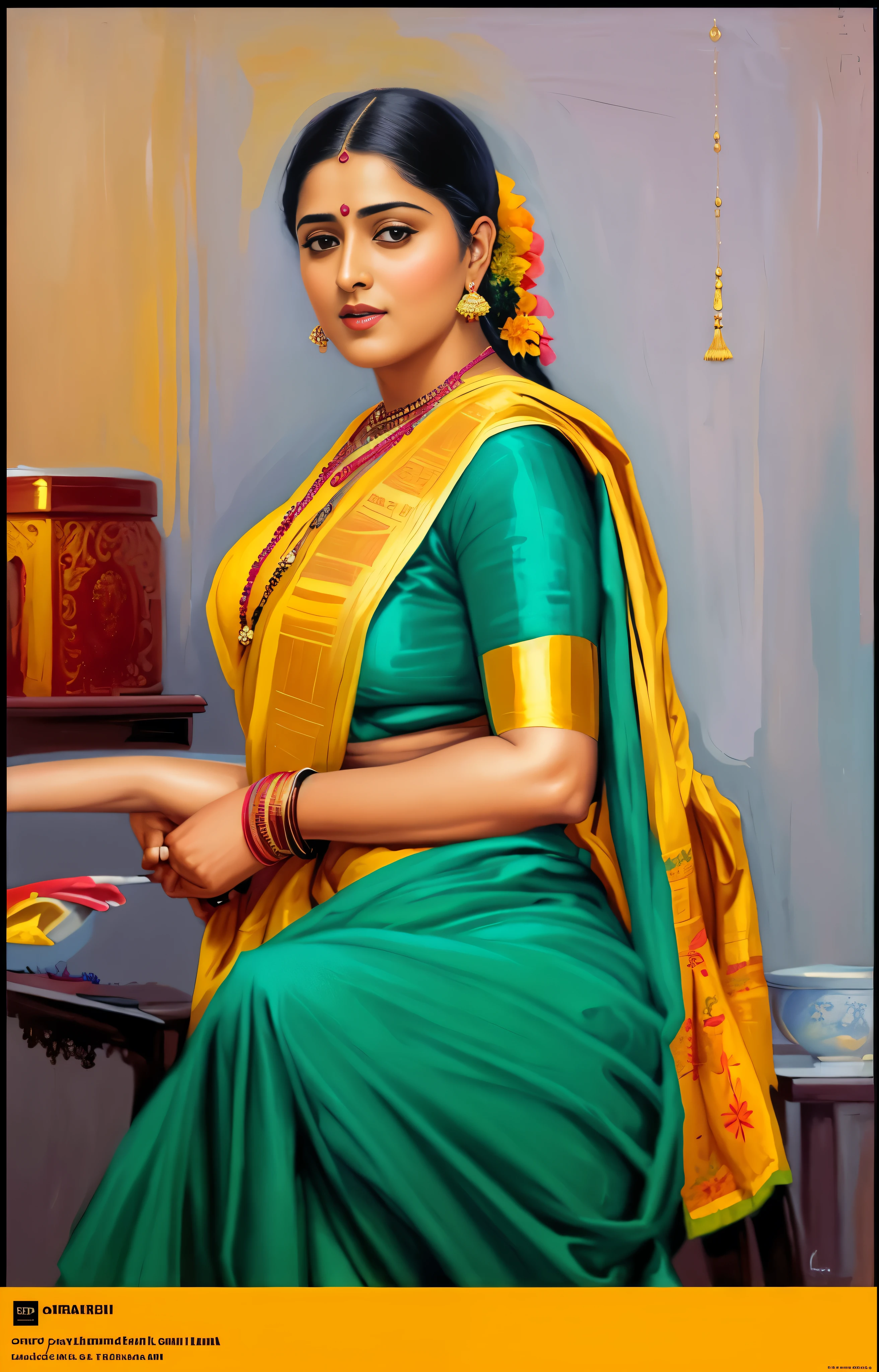 Masterpiece,8k uhd, hdr, realistic, hyper realistic, intricate, vibrant colour, painting of a woman in a yellow sari sitting on a chair, traditional beauty, inspired by Raja Ravi Varma, indian art, by Raja Ravi Varma, painting of beautiful, inspired by T. K. Padmini, painting of a woman, by Sardar Sobha Singh, gorgeous woman, oil on canvas painting, traditional painting, oil-painting