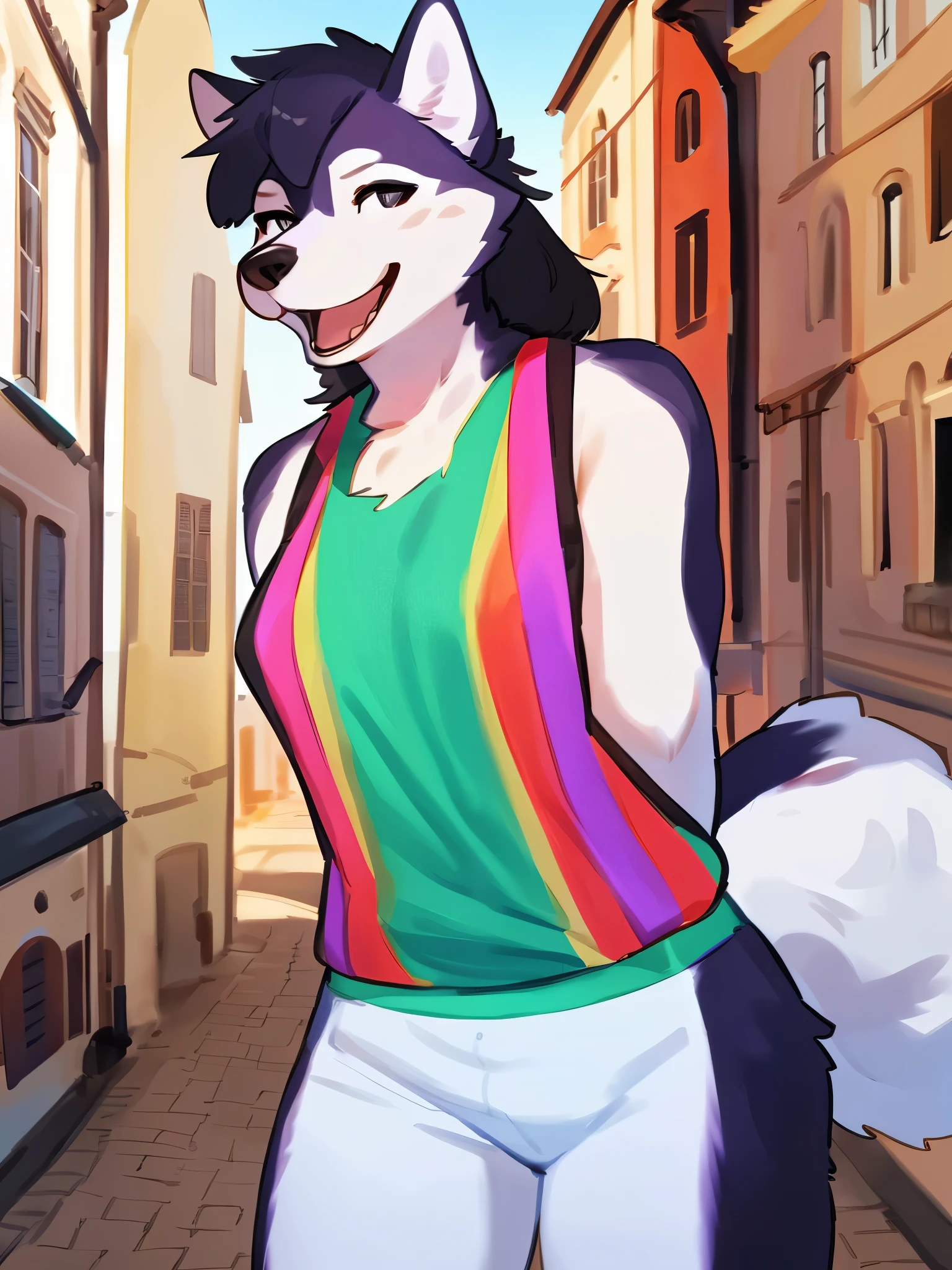 by bebebebebe, by lostgoose, by goonie-san, solo, female, standing, ((snout, hair, beagle)), detailed eyes, french city, open mouth, smiling, happy, ((designer clothes, gucci)), big breasts