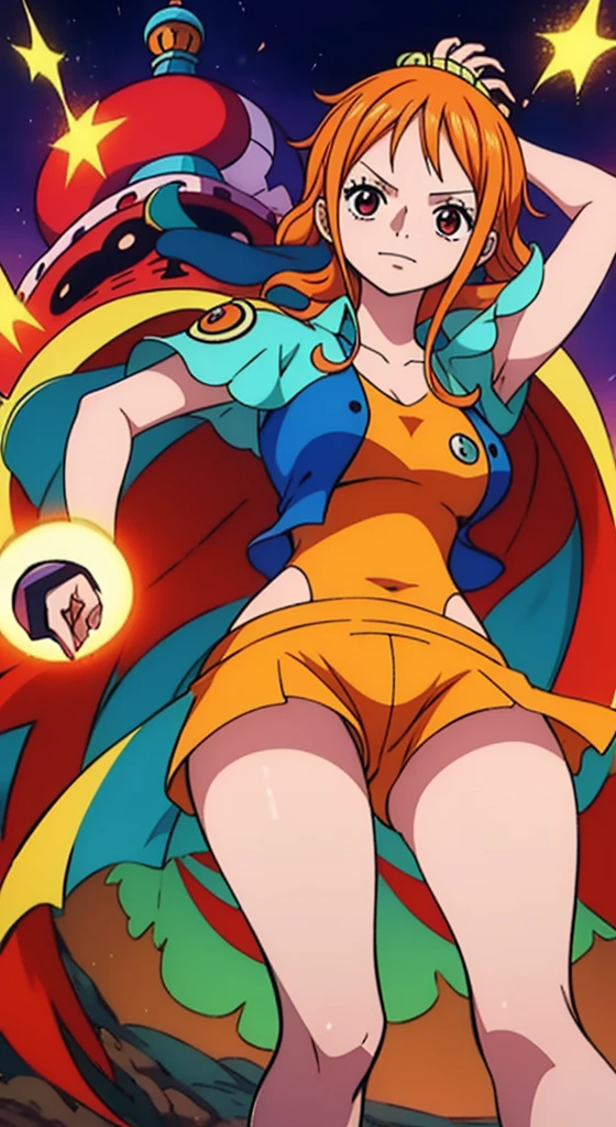 Generar una imagen realista de estilo anime de Nami de One Piece. Captura su apariencia distintiva con cabello naranja, una camisa, and a cheerful expression. Make sure the picture reflects your adventurous and confident personality as shown in the anime.., cuerpo completo, Plano amplio ,  Curvy athletic body, Antecedentes de la isla,top de sujetador, falda, ojos naranjas, ojos naranjas, armpits