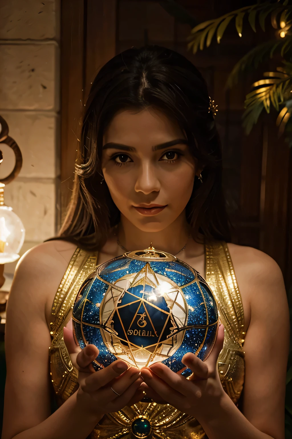 bruja hermosa con bola de cristal y los signos zodiacales como fondo, obra de gran calidad y realismo