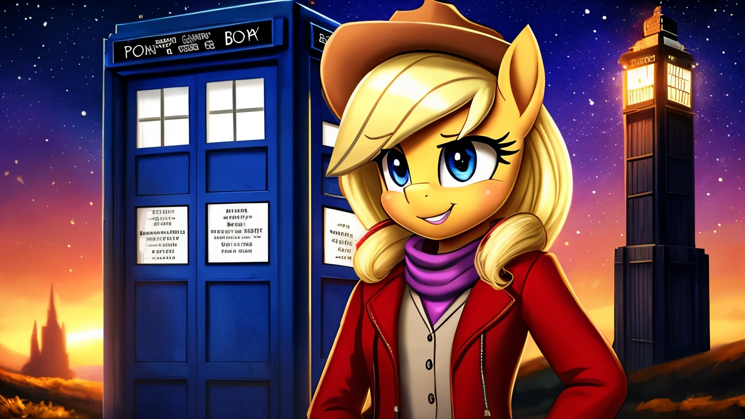 Applejack the ((earth pony)) from 'My Little Pony,' stands next to the iconic TARDIS, the time-traveling police box from the TV show 'Doctor Who.' The pony wears a ((stylish cowboy hat, a red jacket, and a cozy scarf,)) adding a touch of fashionable flair. Holding a sonic screwdriver between her teeth, the pony exudes an air of intelligence and adventure.  breathtaking image, digital painting, radiates vivid colors and remarkable detail, Impeccably executed, Friendship is Magic, MLP, Applejack, Doctor Who, 