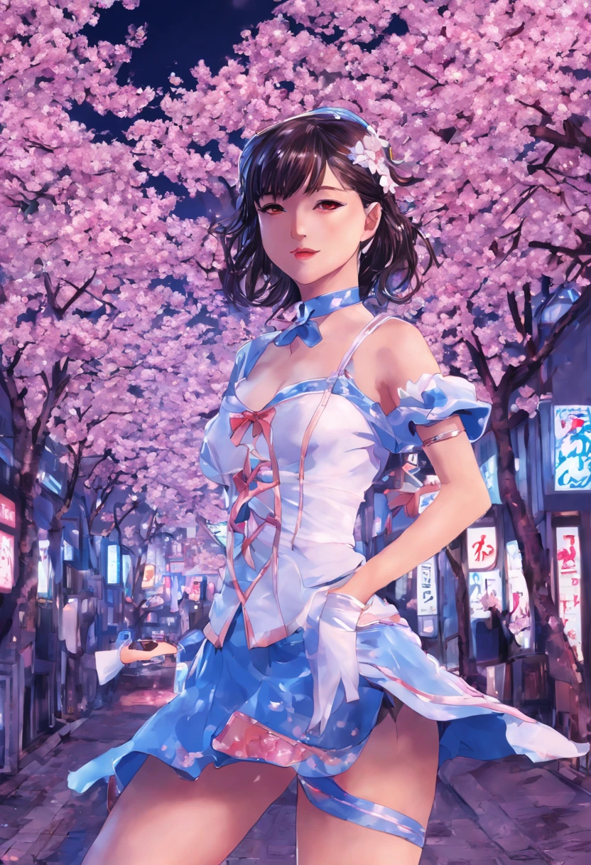 1girl, Magical girl in Tokyo at night, cherry blossoms, neon-lit streets, vibrant colors, dynamic pose, art by CLAMP, (Best quality:1.5, masterpiece:1.5).