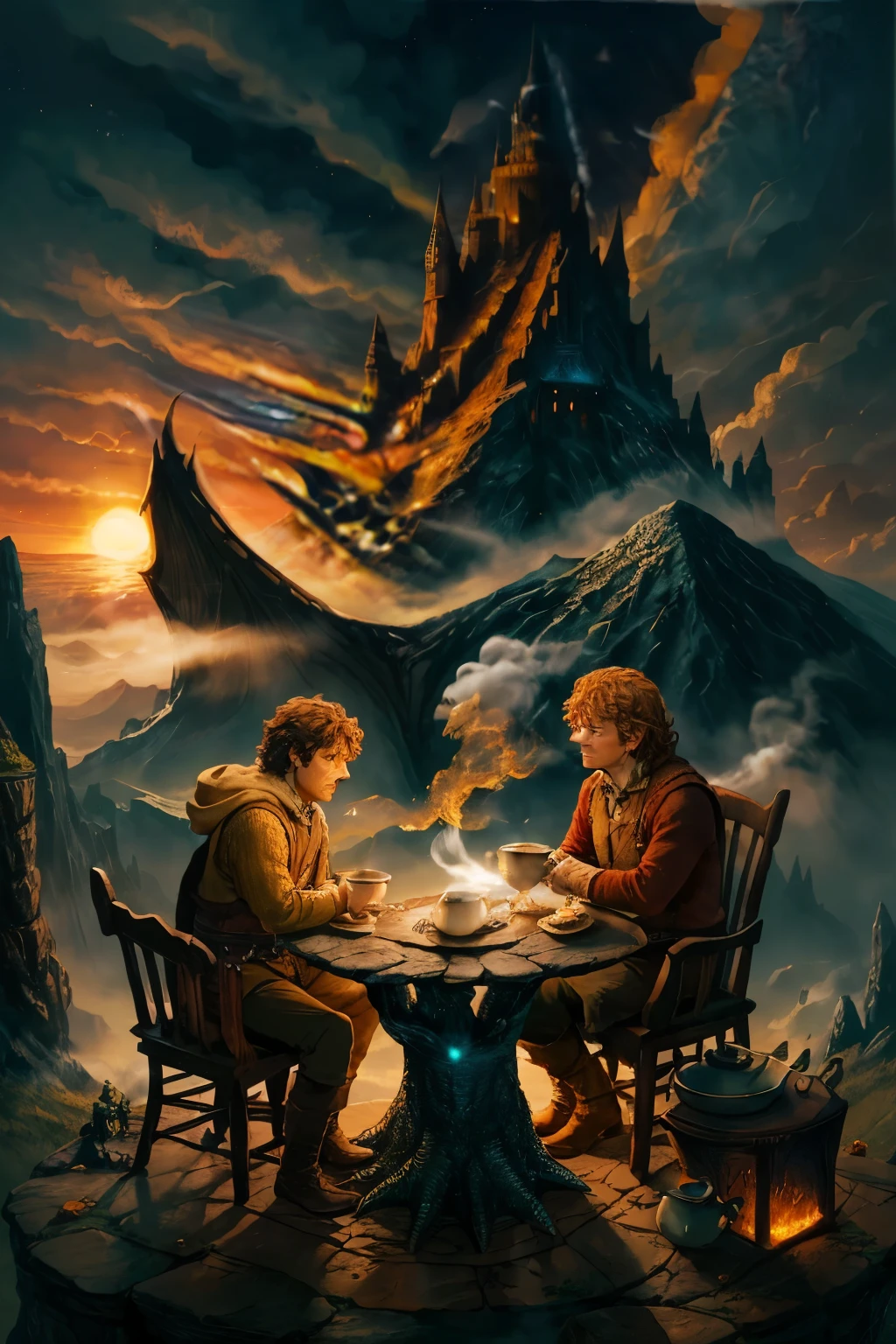 Full shot image of Bilbo Baggins and Smaug seated atop the Lonely Mountain, with a stone table strategically positioned between them as the sun sets over the horizon. The tranquil scene is graced with the soft, golden twilight light, casting an alluring glow on their figures. Bilbo, the hobbit, dressed in his regional attire and sporting a warm, friendly, and curious expression, holds his steaming cup of tea delicately. Smaug, the majestic dragon, extends one of his colossal wings, exuding an aura of regal composure as he gazes thoughtfully at the horizon. The intricately detailed table is adorned with