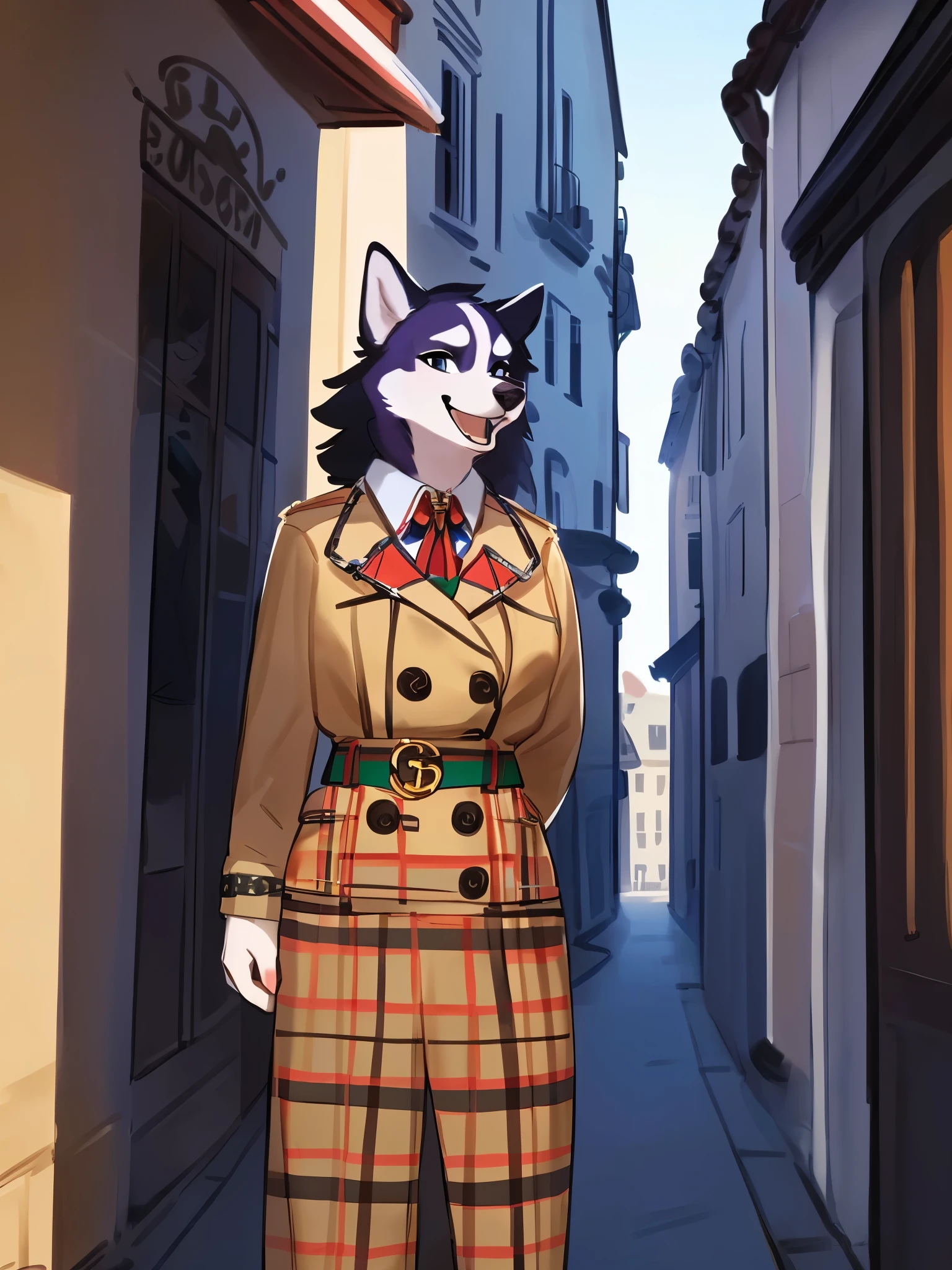 by bebebebebe, by lostgoose, by goonie-san, solo, female, standing, ((snout, hair, siberian husky)), detailed eyes, italian city, open mouth, smiling, happy, ((designer clothes, gucci, prada, burberry))