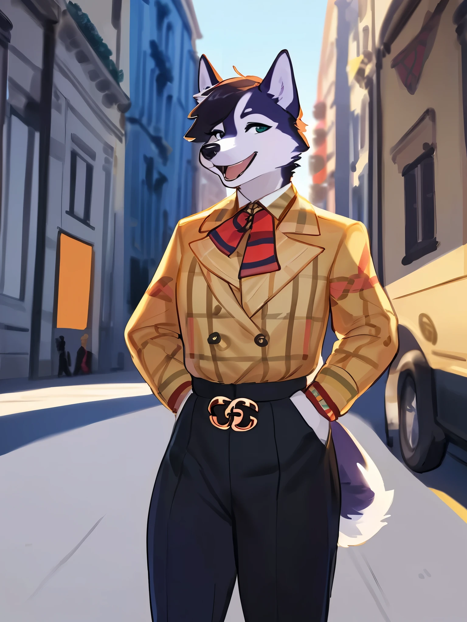 by bebebebebe, by lostgoose, by goonie-san, solo, female, standing, ((snout, hair, siberian husky)), detailed eyes, italian city, open mouth, smiling, happy, ((designer clothes, gucci, prada, burberry))