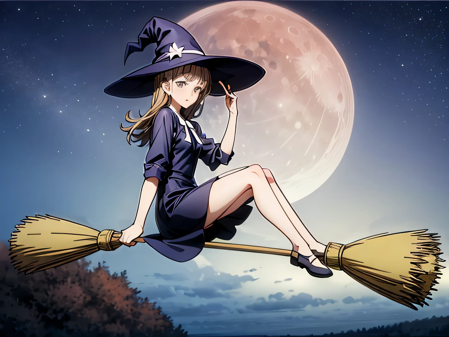 Magical girl, witch hat, broom,broom riding,sitting,straddle, Straddling the broom, lying in the moonlight, Refreshing, From the side, (masterpiece), (highest quality), (Ultra high detail)