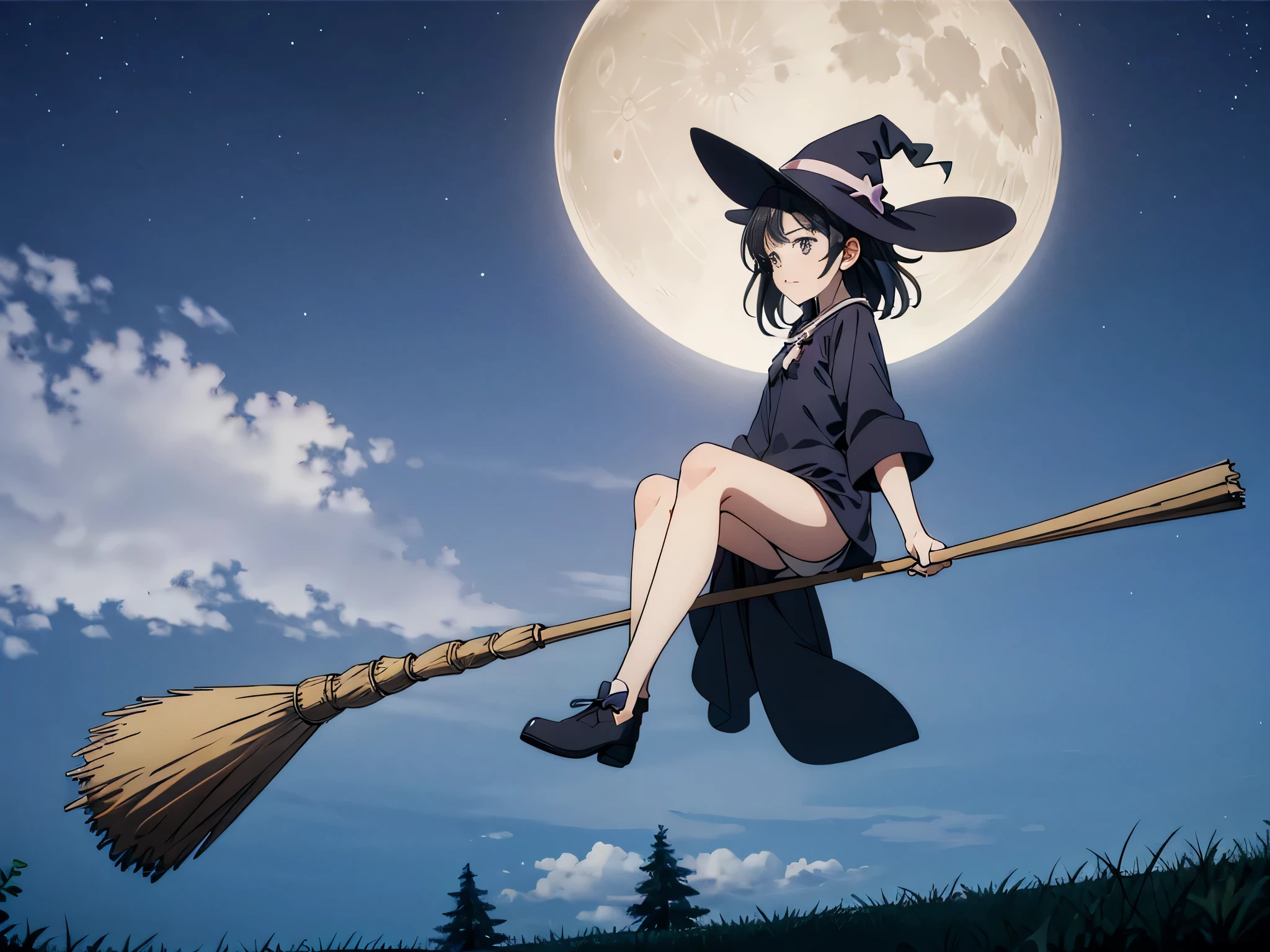 Magical girl, witch hat, broom, broom riding,sitting, straddle, straddle the broom, lying in the moonlight, Refreshing, From the side, (masterpiece), (highest quality), (Ultra high detail)