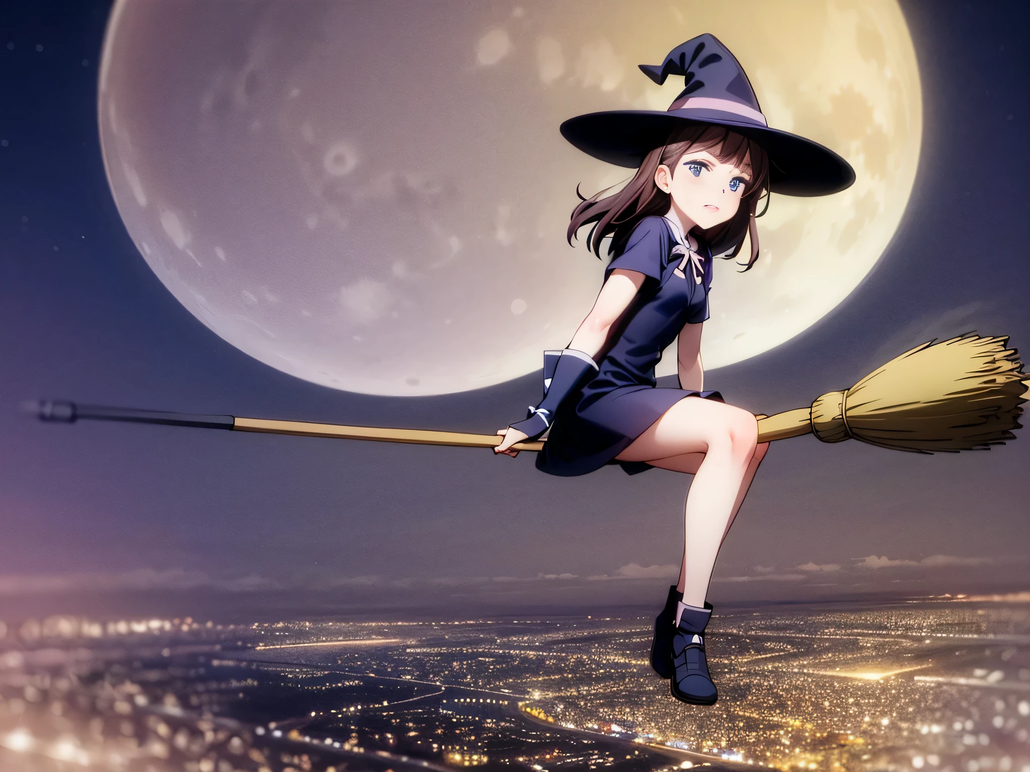 Magical girl, witch hat, broom, broom riding,sitting, straddle, straddle the broom, Flying through the moonlit night, The sky above the Dutch city, Refreshing, From the side, (masterpiece), (highest quality), (Ultra high detail)