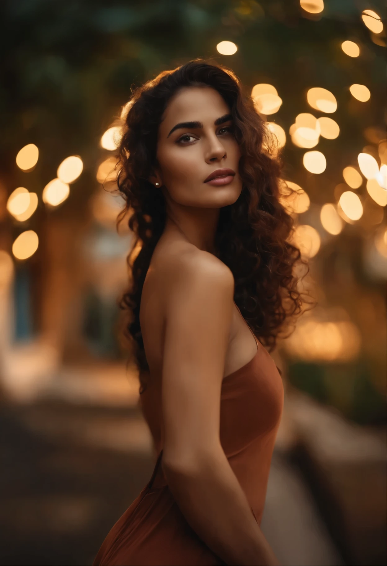 Uma deusa urbana latina com uma pele caramelo e cabelos ruivos vibrantes , sorrindo, com roupa social