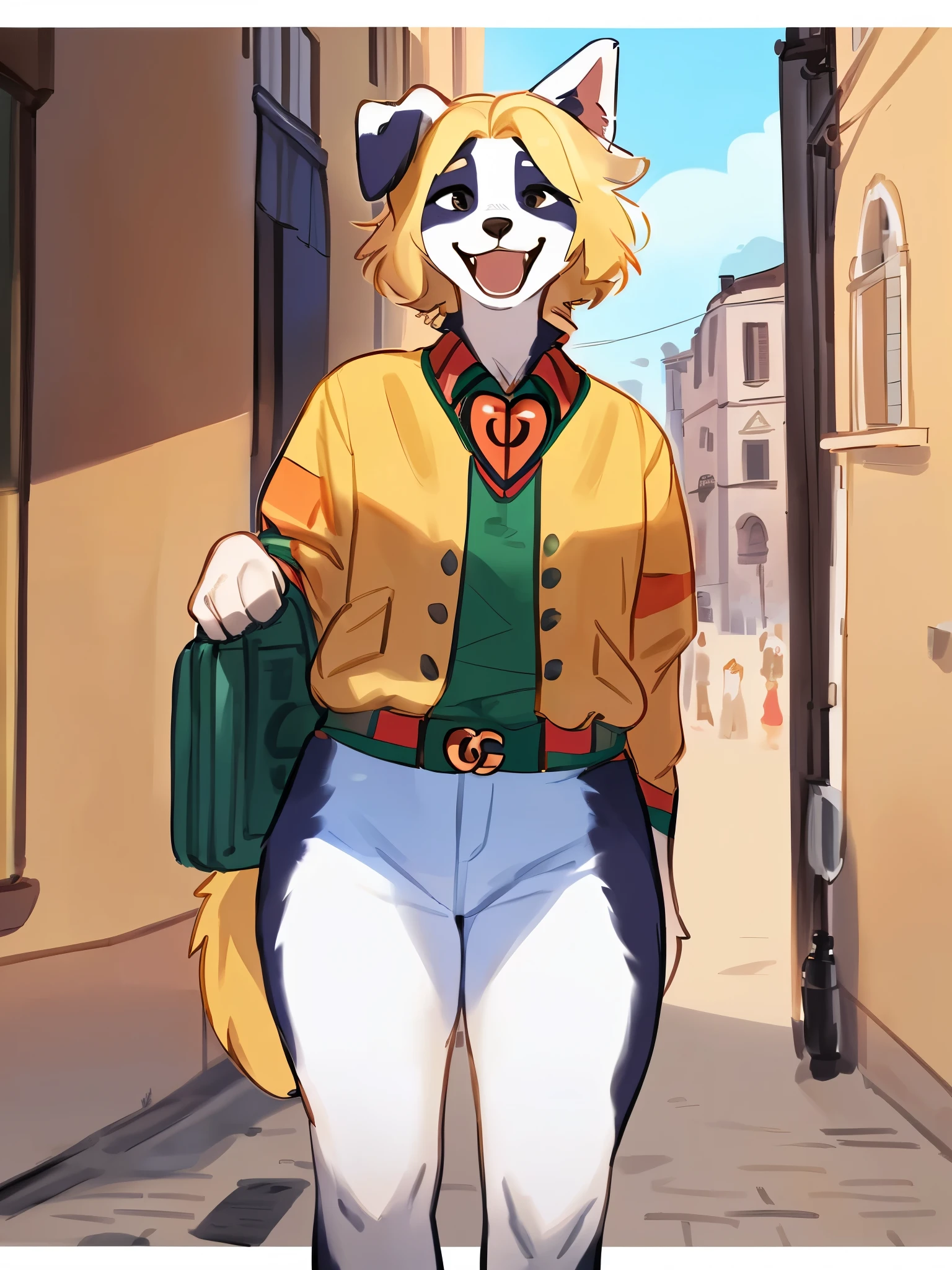 by bebebebebe, by lostgoose, by goonie-san, solo, female, standing, ((snout, blonde hair, border collie)), detailed eyes, italian city, open mouth, smiling, happy, ((designer clothes, gucci))