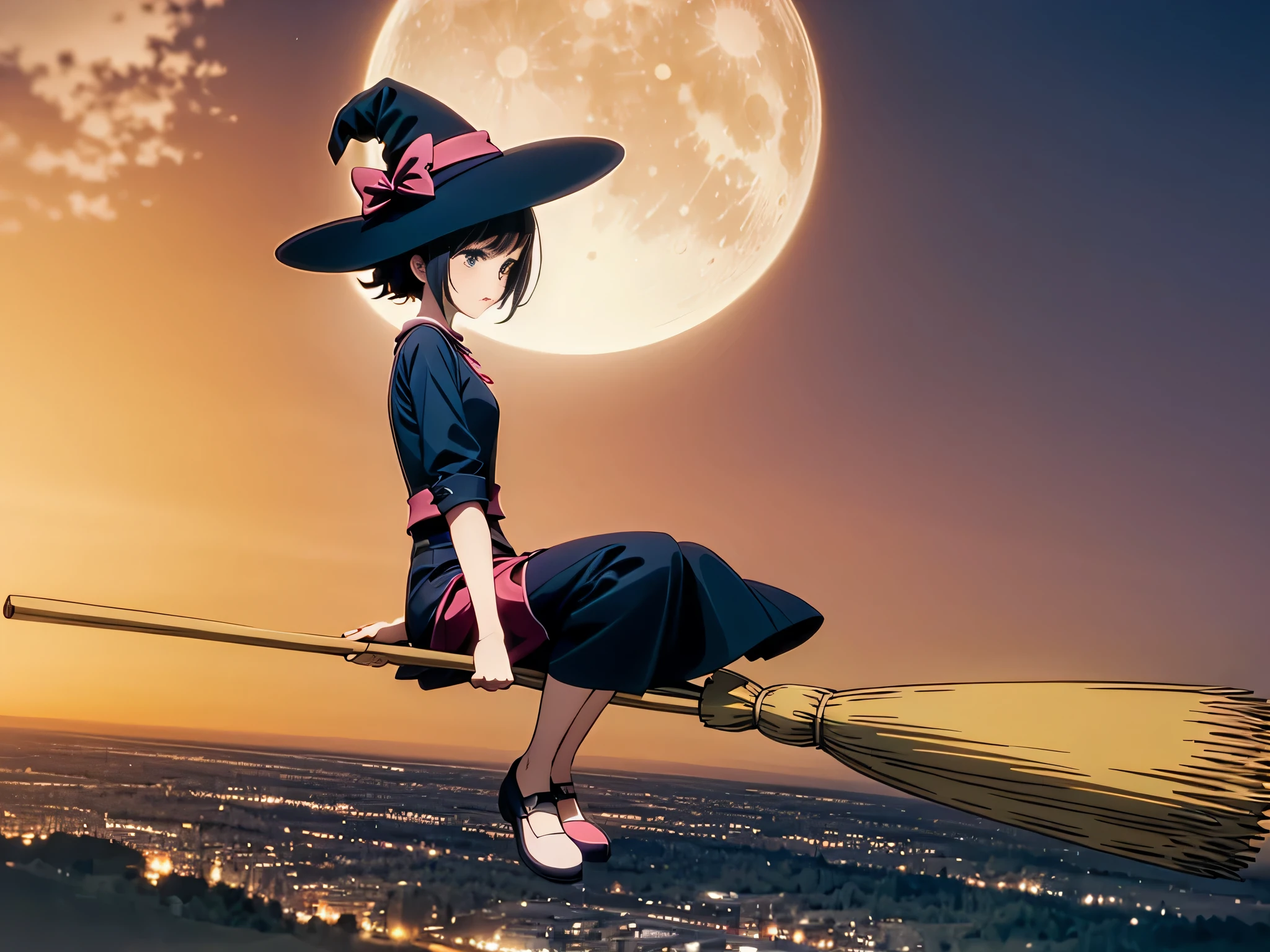 Magical girl, witch hat, broom, broom riding,sitting, straddle, straddle the broom, Flying through the moonlit night, The sky above the Dutch city, Refreshing, From the side, (masterpiece), (highest quality), (Ultra high detail)