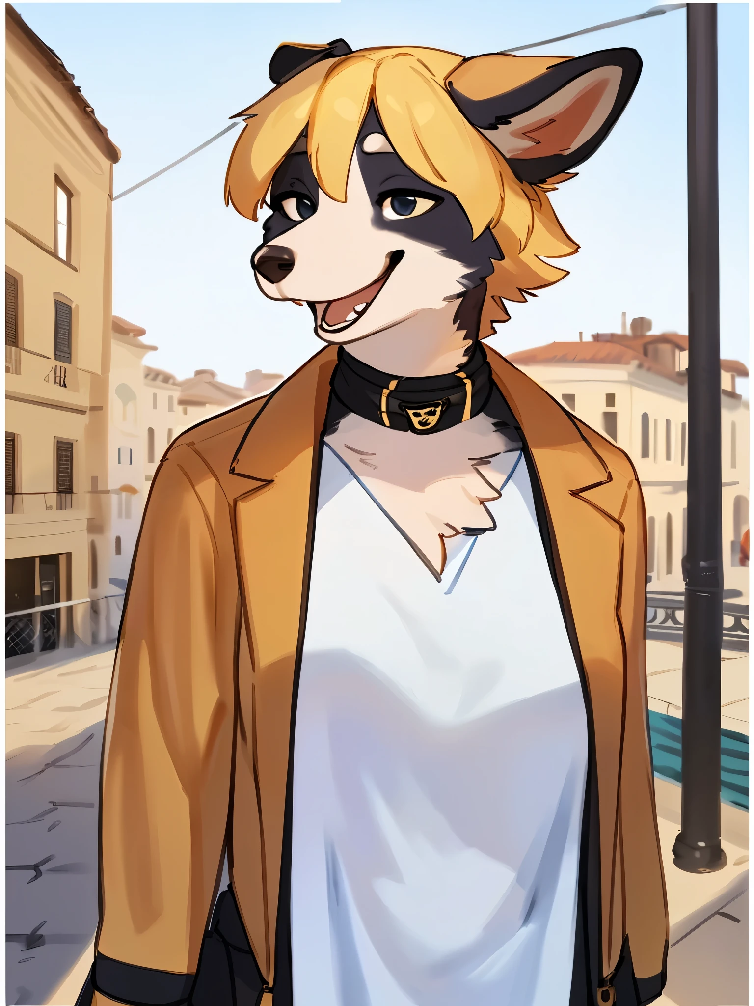 by bebebebebe, by lostgoose, by goonie-san, solo, female, standing, ((snout, blonde hair, border collie)), detailed eyes, italian city, open mouth, smiling, happy, ((designer clothes, prada))