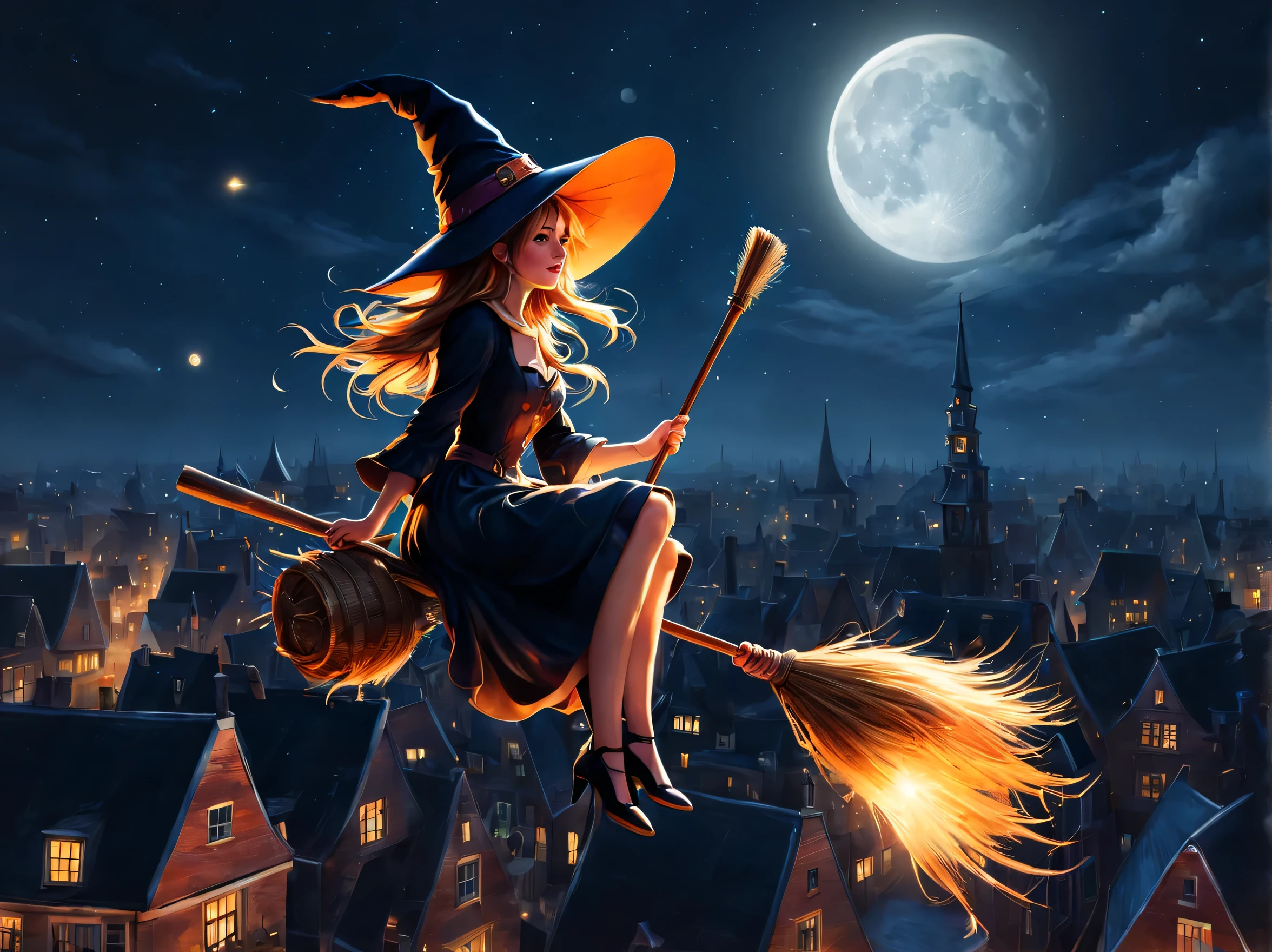 Magical girl, witch hat, broom, broom riding,sitting, straddle, straddle the broom, Flying through the moonlit night, The sky above the Dutch city, Refreshing, From the side, (masterpiece), (highest quality), (Ultra high detail)