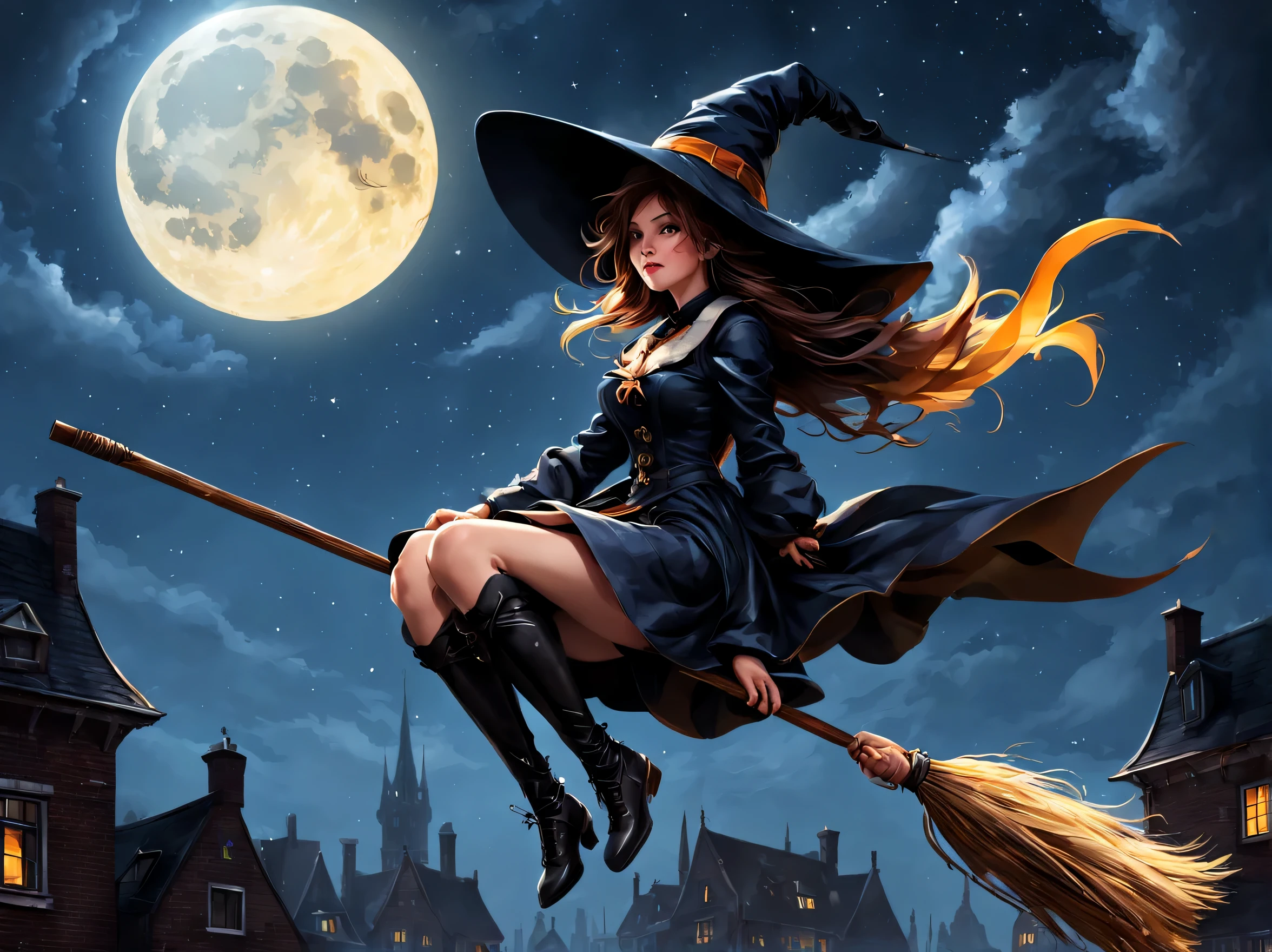 Magical girl, witch hat, broom, broom riding,sitting, straddle, straddle the broom, Flying through the moonlit night, The sky above the Dutch city, Refreshing, From the side, (masterpiece), (highest quality), (Ultra high detail)