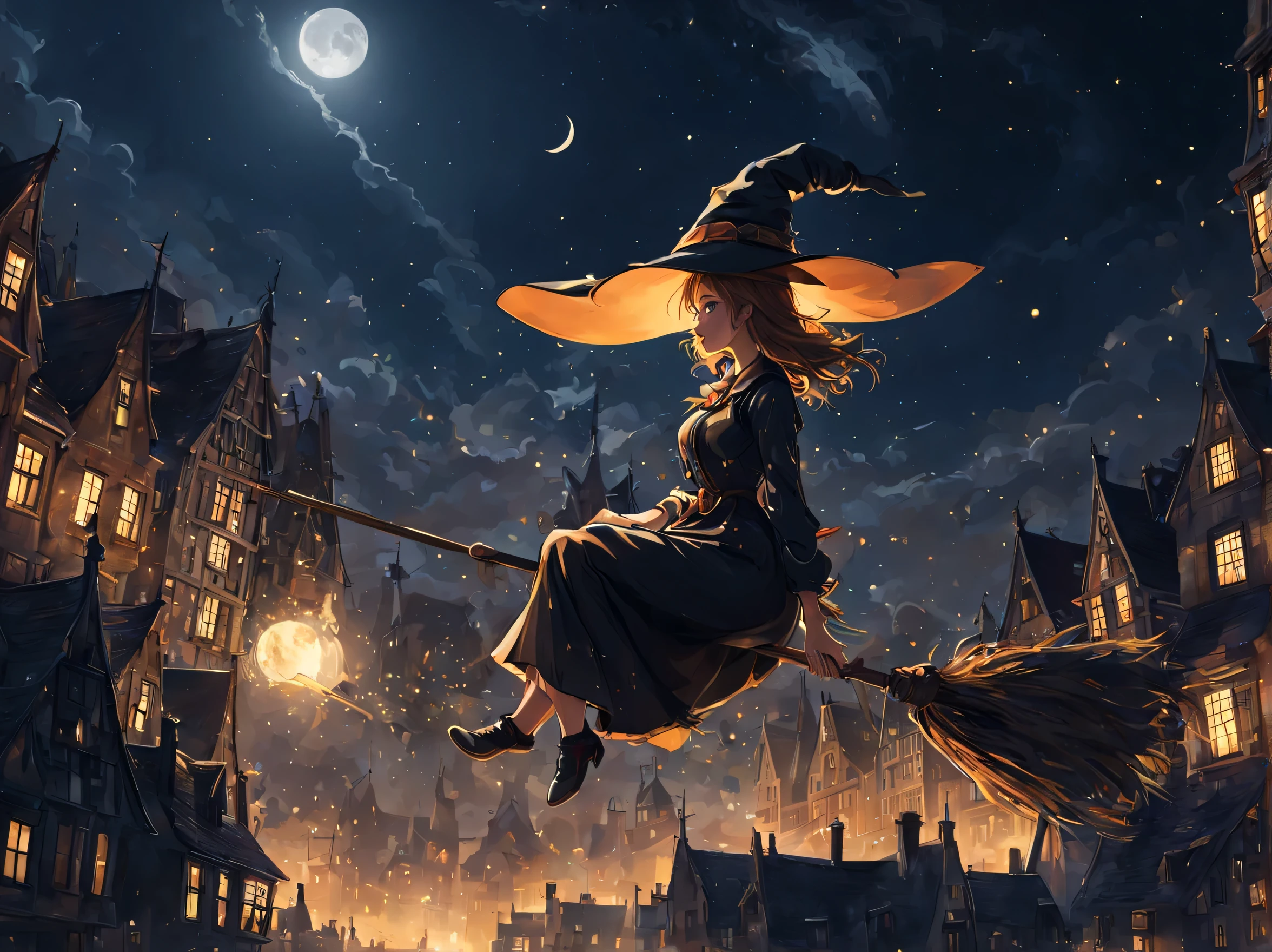 Magical girl, witch hat, broom, broom riding,sitting, straddle, straddle the broom, Flying through the moonlit night, The sky above the Dutch city, Refreshing, From the side, (masterpiece), (highest quality), (Ultra high detail)