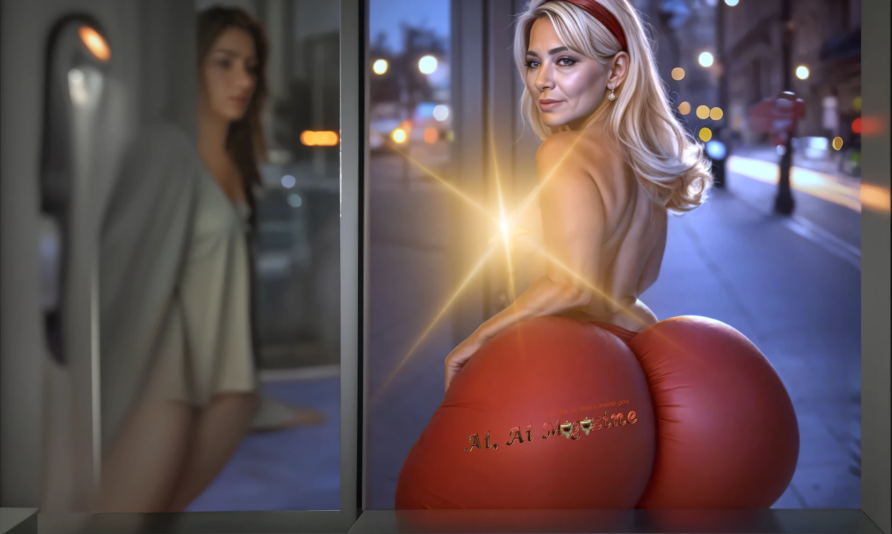 Uma porta de vidro refletindo a mulher
