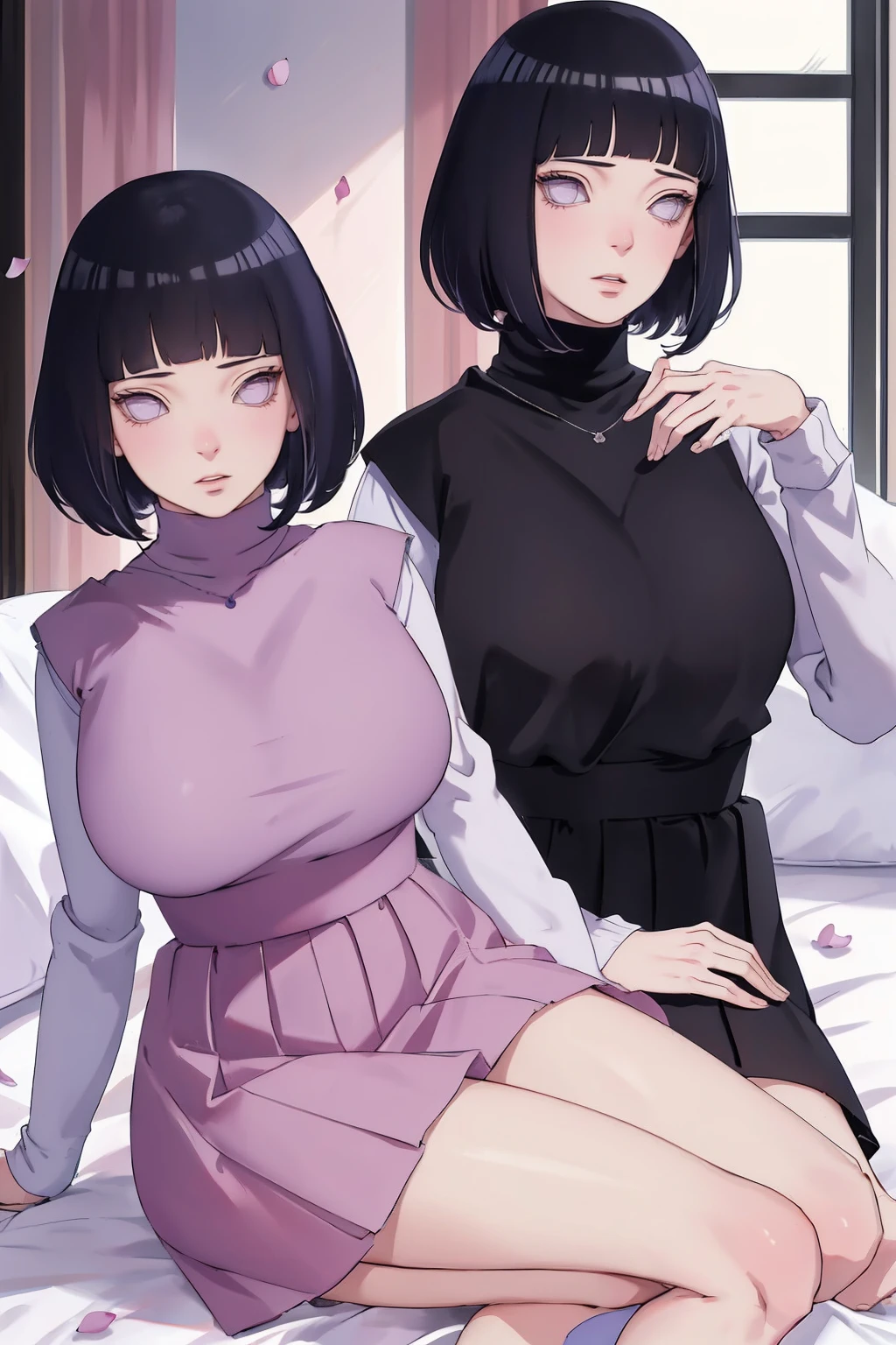 { - anatomy error} (Masterpiece - Ultra-detailed, very high resolution) (huge titusty, masterpiece, absurdres, hinata\(boruto\), 1girl, solo,mature female, lilac turtleneck blouse, high waist black short skirt, looking at viewelling petals), perfect composition, detailed lips, big breast, beautiful face, body propotion, blush, (pink lips), short hair, (black hair), purple eyes, soft gaze, super realistic, detailed, photoshoot, realistic face and body, closed mouth, sitting on the bed , lilac eyes, full body, with chin resting on shoulder, perfect fingers