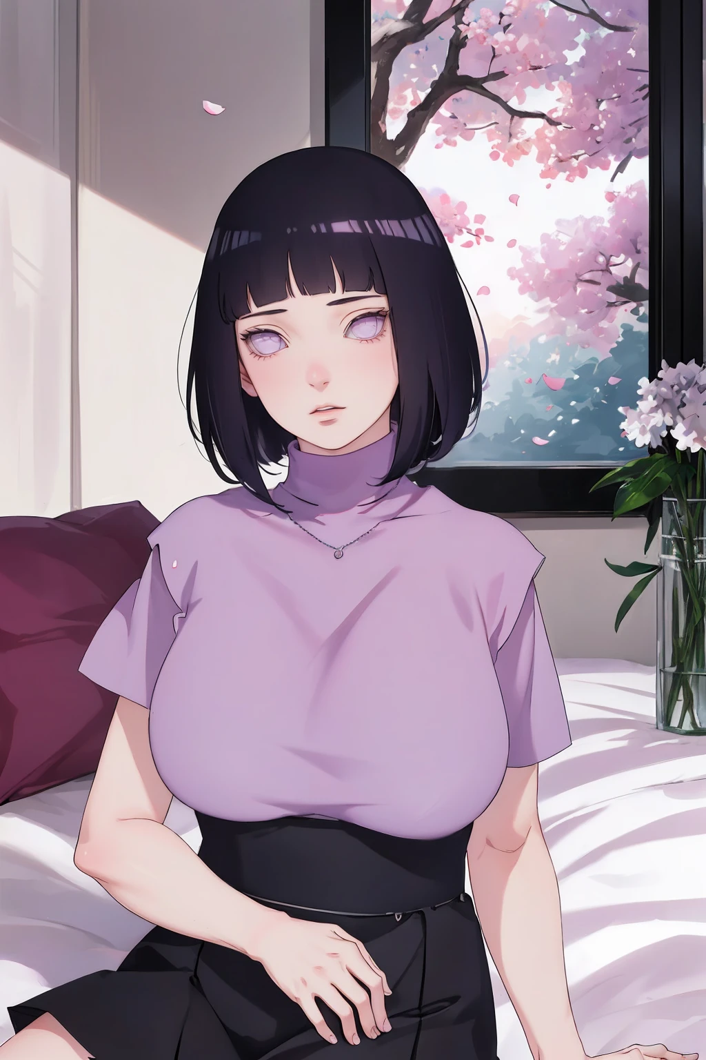 { - anatomy error} (Masterpiece - Ultra-detailed, very high resolution) (huge titusty, masterpiece, absurdres, hinata\(boruto\), 1girl, solo,mature female, lilac turtleneck blouse, high waist black short skirt, looking at viewelling petals), perfect composition, detailed lips, big breast, beautiful face, body propotion, blush, (pink lips), short hair, (black hair), purple eyes, soft gaze, super realistic, detailed, photoshoot, realistic face and body, closed mouth, sitting on the bed , lilac eyes, full body, with chin resting on shoulder, perfect fingers