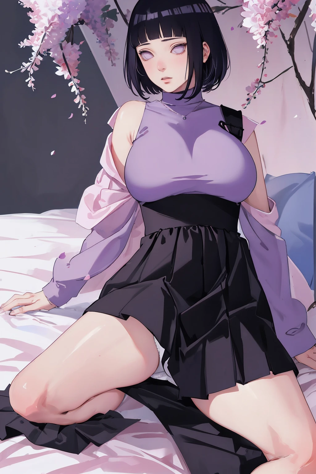 { - anatomy error} (Masterpiece - Ultra-detailed, very high resolution) (huge titusty, masterpiece, absurdres, hinata\(boruto\), 1girl, solo,mature female, lilac turtleneck blouse, high waist black short skirt, looking at viewelling petals), perfect composition, detailed lips, big breast, beautiful face, body propotion, blush, (pink lips), short hair, (black hair), purple eyes, soft gaze, super realistic, detailed, photoshoot, realistic face and body, closed mouth, sitting on the bed , lilac eyes, full body, with chin resting on shoulder, perfect fingers
