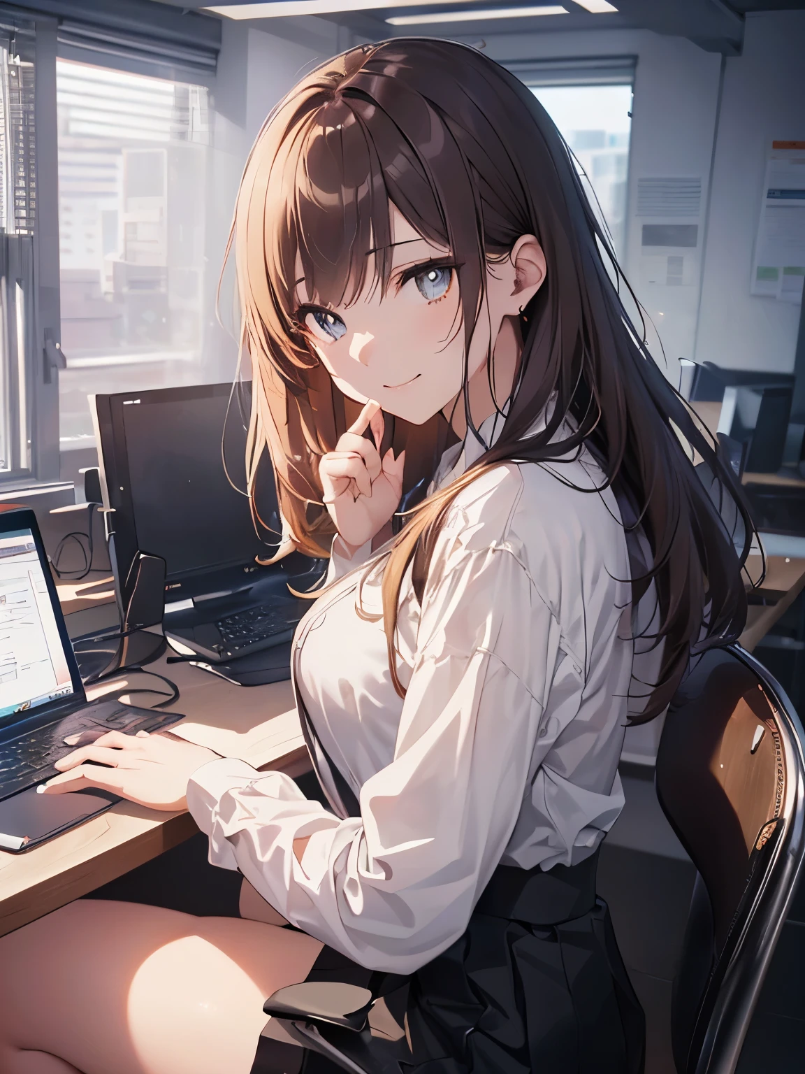 (official art、highest quality、Unity 8k wallpaper、32K、masterpiece、super detailed、超high resolution、realistic、Photoreal:1.2)、(cinematic lighting:1.2)、fire glow effect、film grain、best shadows、rim lighting、side light、(Super detailed and complex 3D rendering)、Background like Makoto Shinkai、detailed beautiful face and eyes、(Beautiful and sharp pupils)、masterpiece, high resolution、highest quality, ultla highres, maximum resolution, very detailed, professional lighting, beautiful skin, 28 year old woman、very pretty、OL、At work in the office、desk、(Tight Skirt、sit in a chair、deskの下から、Spread your legs a little and show off your panties:1.4)、pc、bright hair color、blonde、bangs、dull bangs、Office Lady、squint your eyes、grinning、ridicule、lure、(((Precise human body structure、Correct and accurate number of limbs、Correct and accurate number of fingers)))