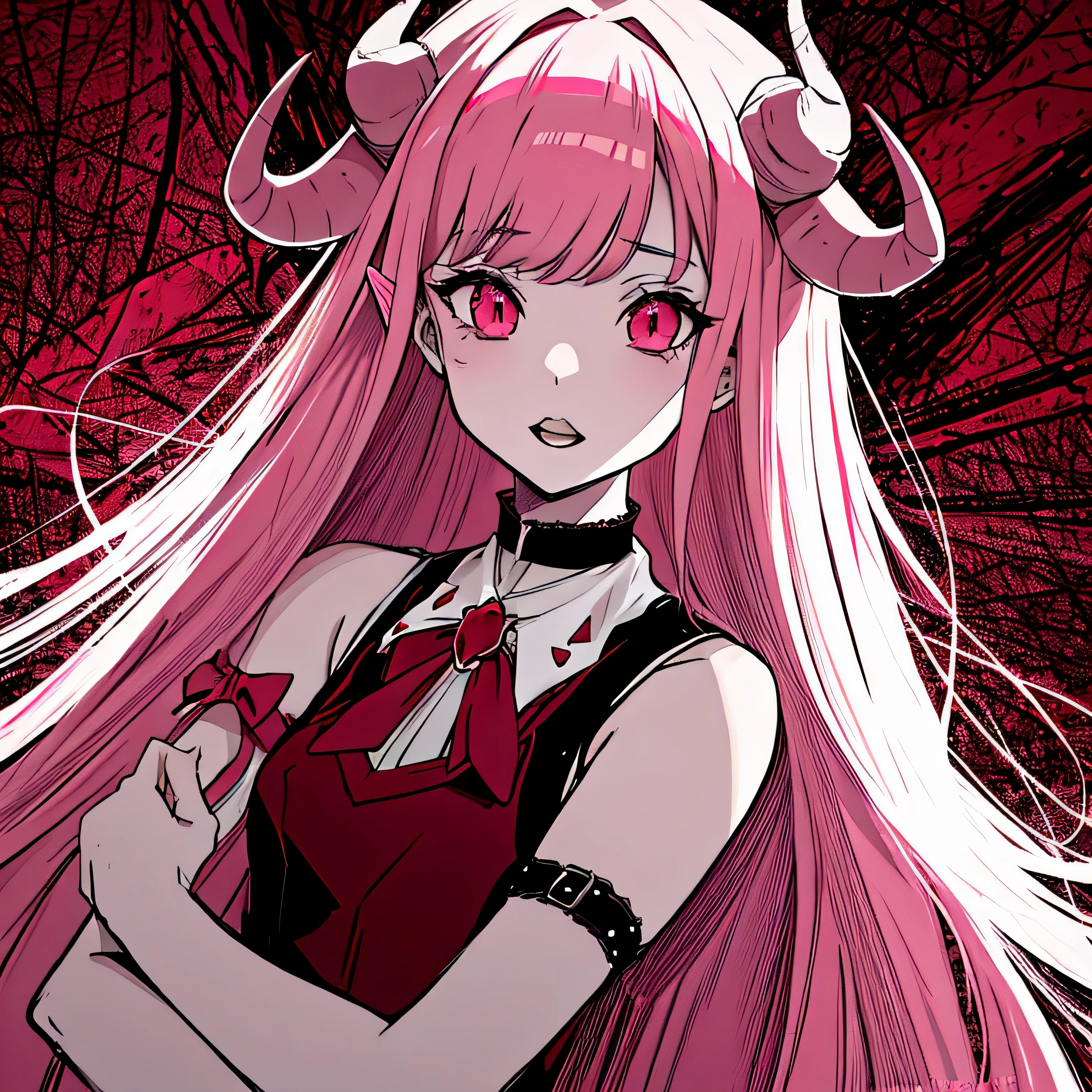 make a horror phonk portrait of a devil horned girl in rose colors
