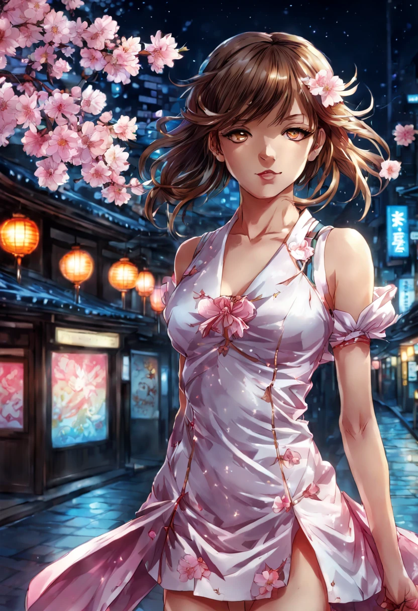 1girl, Magical girl in Tokyo at night, cherry blossoms, neon-lit streets, vibrant colors, dynamic pose, art by CLAMP, (Best quality:1.5, masterpiece:1.5).