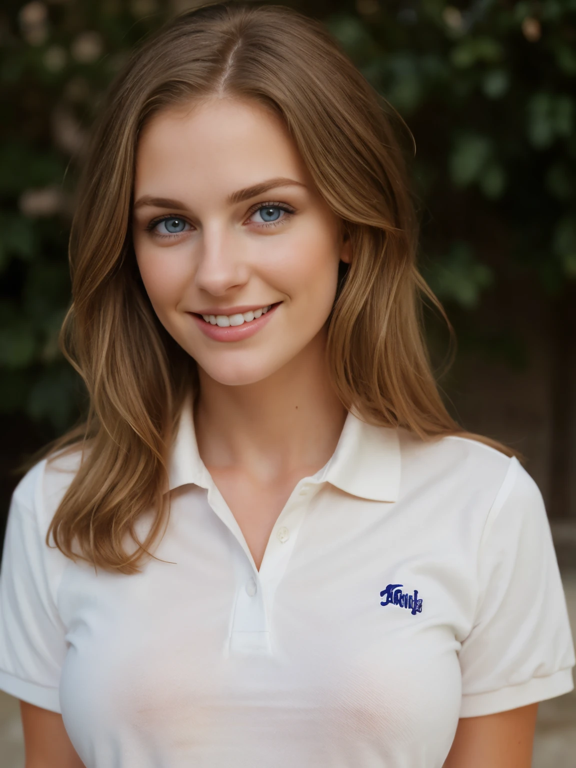 beautiful young woman with brunette hair with blonde highlights, about 23 years old, dark blue eyes, large natural breasts, wearing a white polo shirt cute smile