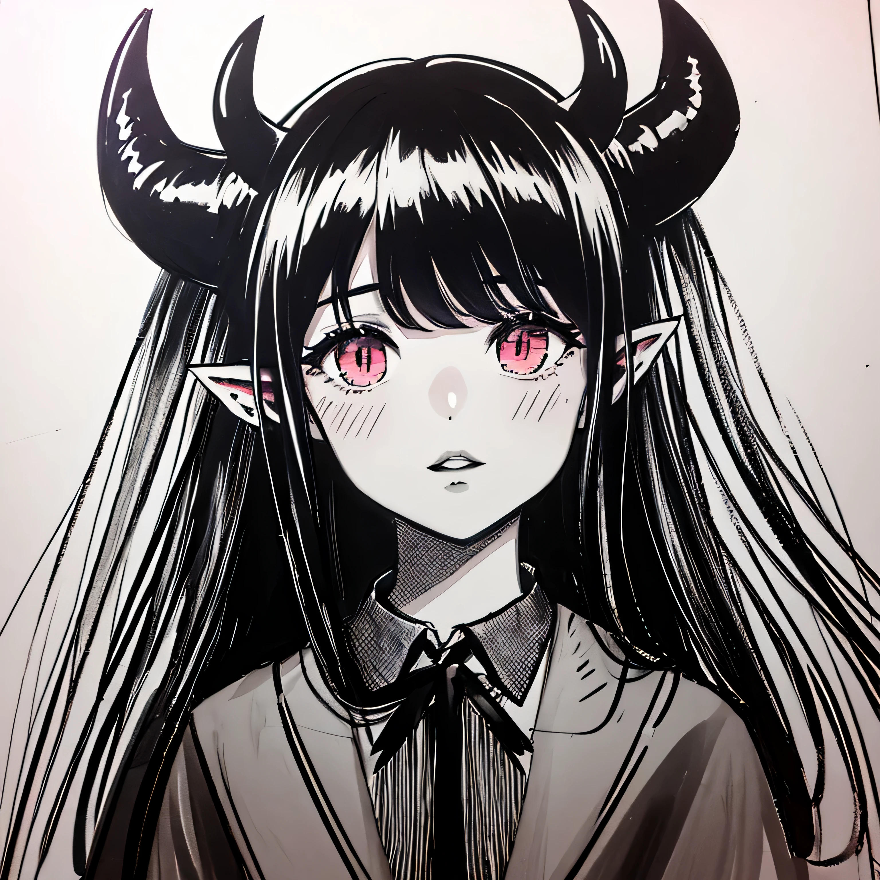 make a portrait of a devil horned girl in black and white colors