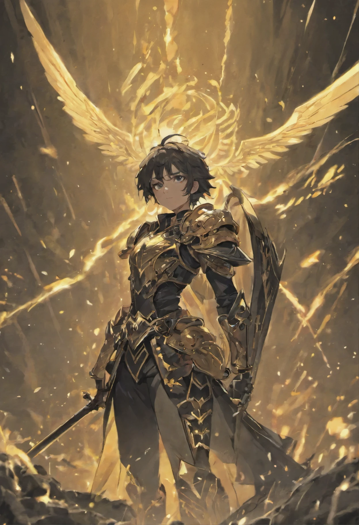 Epic scene with a warrior in black armor with gold details holding a sword, e uma guerreira com armadura branca com brilhos dourados empunhando um machado colossal. Ambos de costas um para o outro. Magical atmosphere with golden sparks, raios de luz. Ideal for high definition MMO RPG logo.