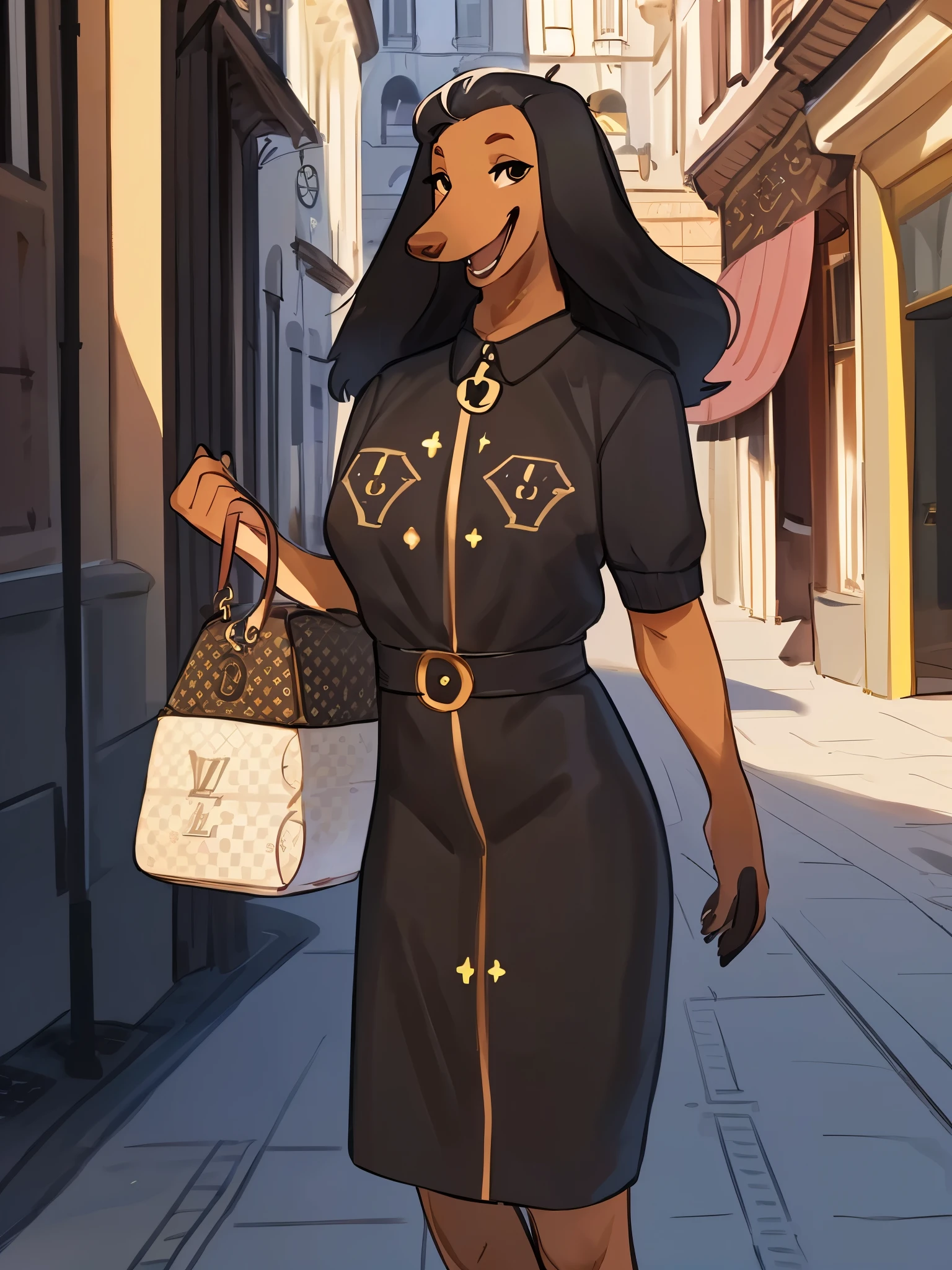 by bebebebebe, by lostgoose, by goonie-san, solo, female, standing, ((snout, black hair, afghan hound)), detailed eyes, italian city, open mouth, smiling, happy, ((designer clothes, louis vuitton))