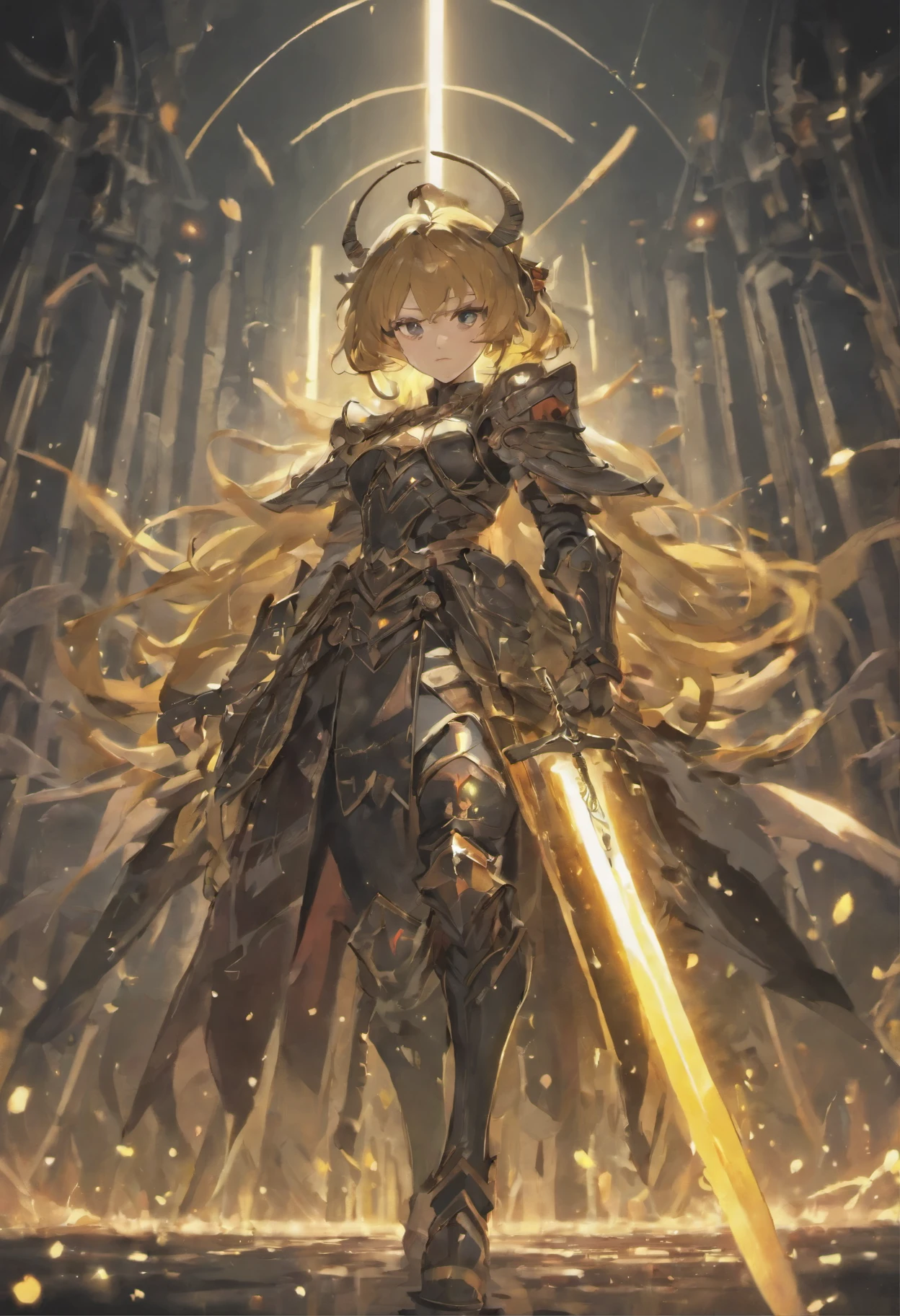 Epic scene with a warrior in black armor with gold details holding a sword, e uma guerreira com armadura branca com brilhos dourados empunhando um machado colossal. Ambos de costas um para o outro. Magical atmosphere with golden sparks, raios de luz. Ideal for high definition MMO RPG logo.