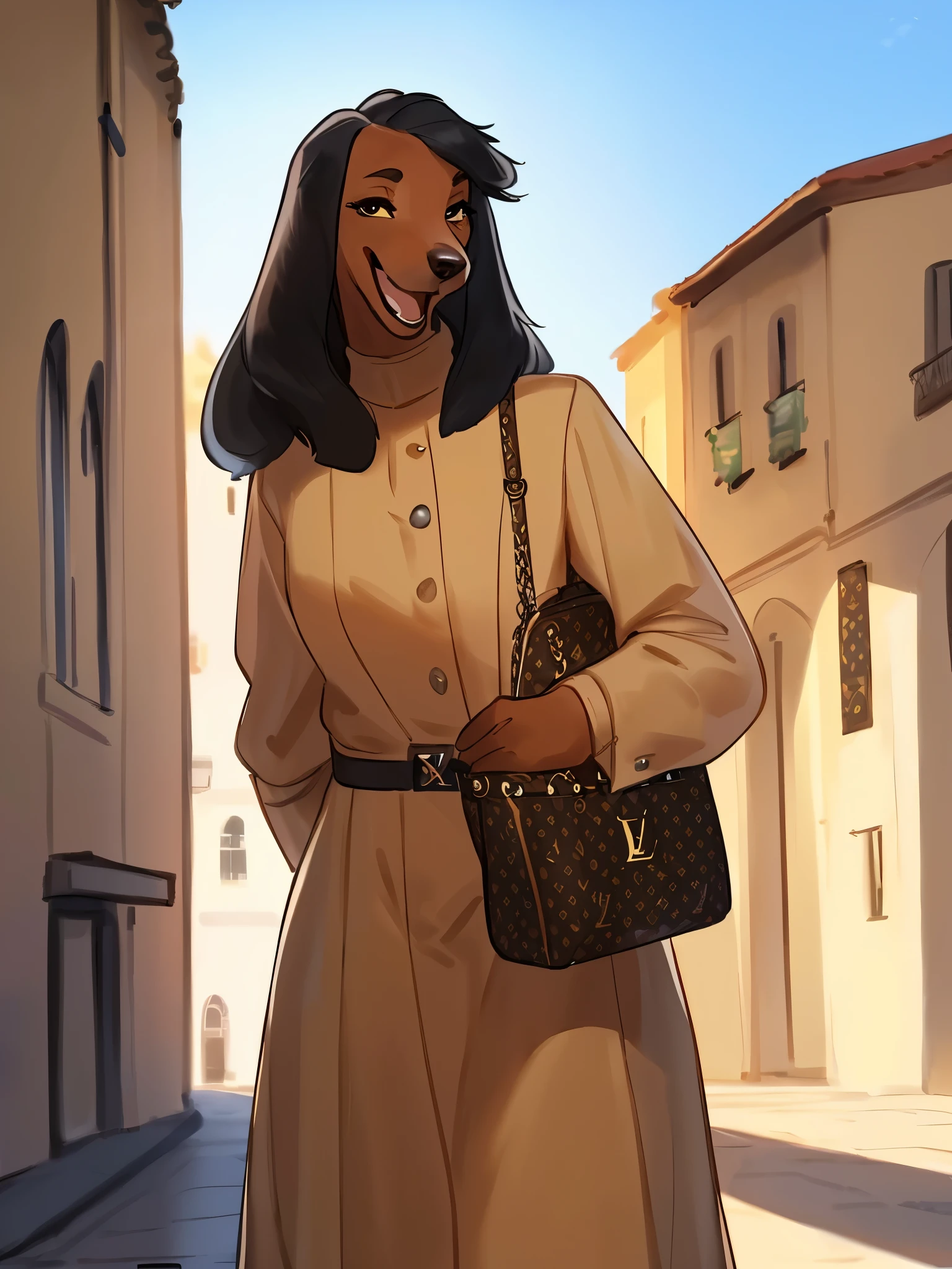 by bebebebebe, by lostgoose, by goonie-san, solo, female, standing, ((snout, black hair, afghan hound)), detailed eyes, italian city, open mouth, smiling, happy, ((designer clothes, louis vuitton))