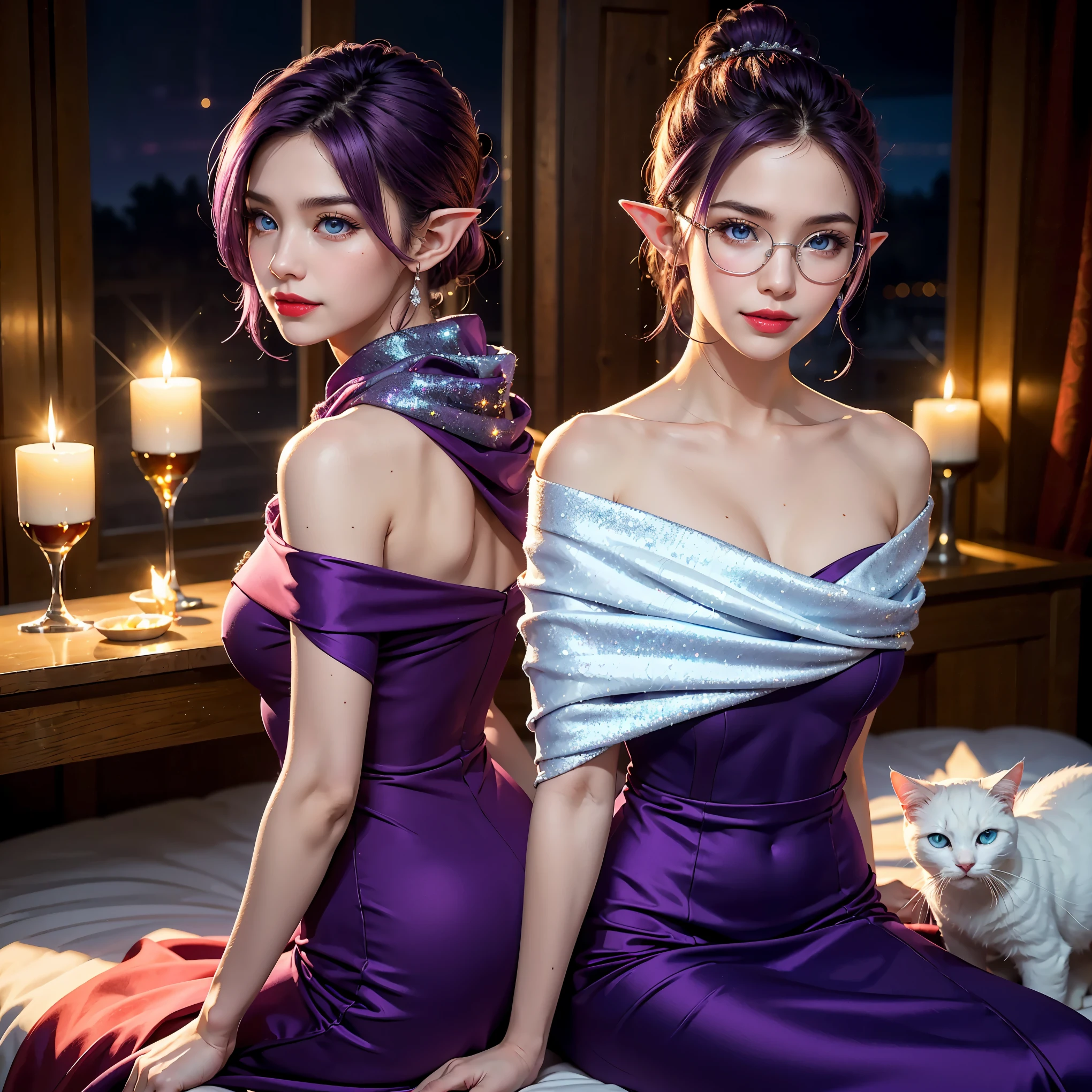 (perfect anatomy), (extreme-detailed photoreal), (elf woman prominent asian features very short purple hair tied back as ponytail), cute smile, white cat, dreamscape, looking into hole, features, wearing round glasses, blue eyes, ((sparkly silver shawl and wine red evening gown)), off shoulder, off back, red lipstick, sitting, flower diamond hairclip, fancy bed, romantic lighting, dark room,candlelit, back facing viewer, 