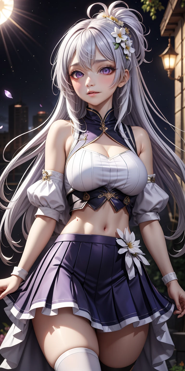 actual, 1 girl, white hair, purple eyes, glowing eyes, crop top, skirt, open lips, blush, night, flowers, sun, sunlight,
