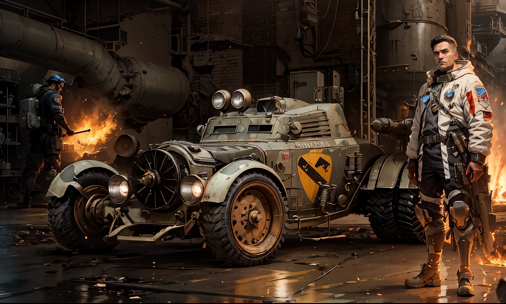 A warrior pilot standing looking at the camera further back a powerful and fortified car with missiles in the background a worker works with a hot oven in the background we have the facilities of a semi-abandoned factory
A battle-hardened man in a worn flight suit, his face weathered and etched with the lines of a thousand dogfights. He stands tall, her gaze fixed on the camera, his hand resting on the hilt of a laser pistol at his hip. His eyes are a steely blue, glinting with determination and a hint of defiance.
Parked in the background is a heavily armored vehicle, its sleek lines belying its formidable power. Missile launchers protrude from its flanks, hinting at the firepower it possesses. The car's paint is scratched and faded, bearing the marks of countless battles.
In the far corner of the factory, a lone worker toils away at a furnace, his face grimy with sweat and soot. He shovels coal into the flames, his muscles straining with the effort. His presence adds a touch of humanity to the otherwise desolate scene.
The overall mood should be one of gritty determination and quiet tension. The warrior pilot is a lone warrior, standing against an unknown threat. The abandoned factory serves as a backdrop for a story of resilience and hope in the face of adversity.