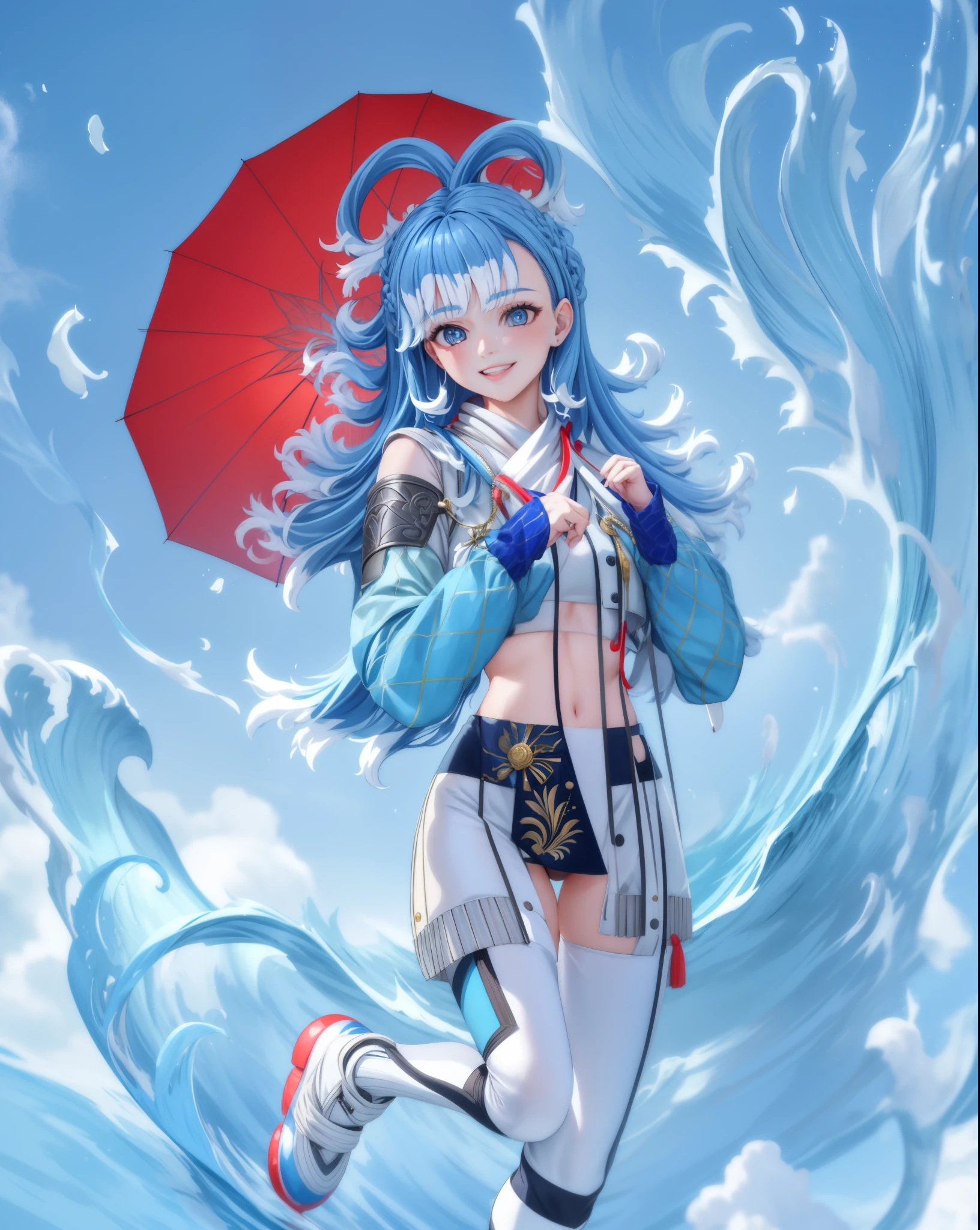 (masterpiece), (best quality), 8k resolution, 1girl, Kobo Kanaeru, realistic ,Higt photos HDR ,beautiful girl, stunning beauty , perfect body, smile, Beautiful girl with blue hair and blue eyes, holding an umbrella, Beautiful girl walking on water, 