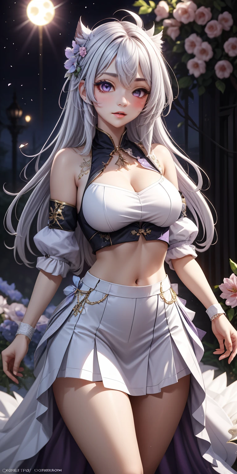 actual, 1 girl, white hair, purple eyes, glowing eyes, crop top, skirt, open lips, blush, night, flowers, sun, sunlight,
